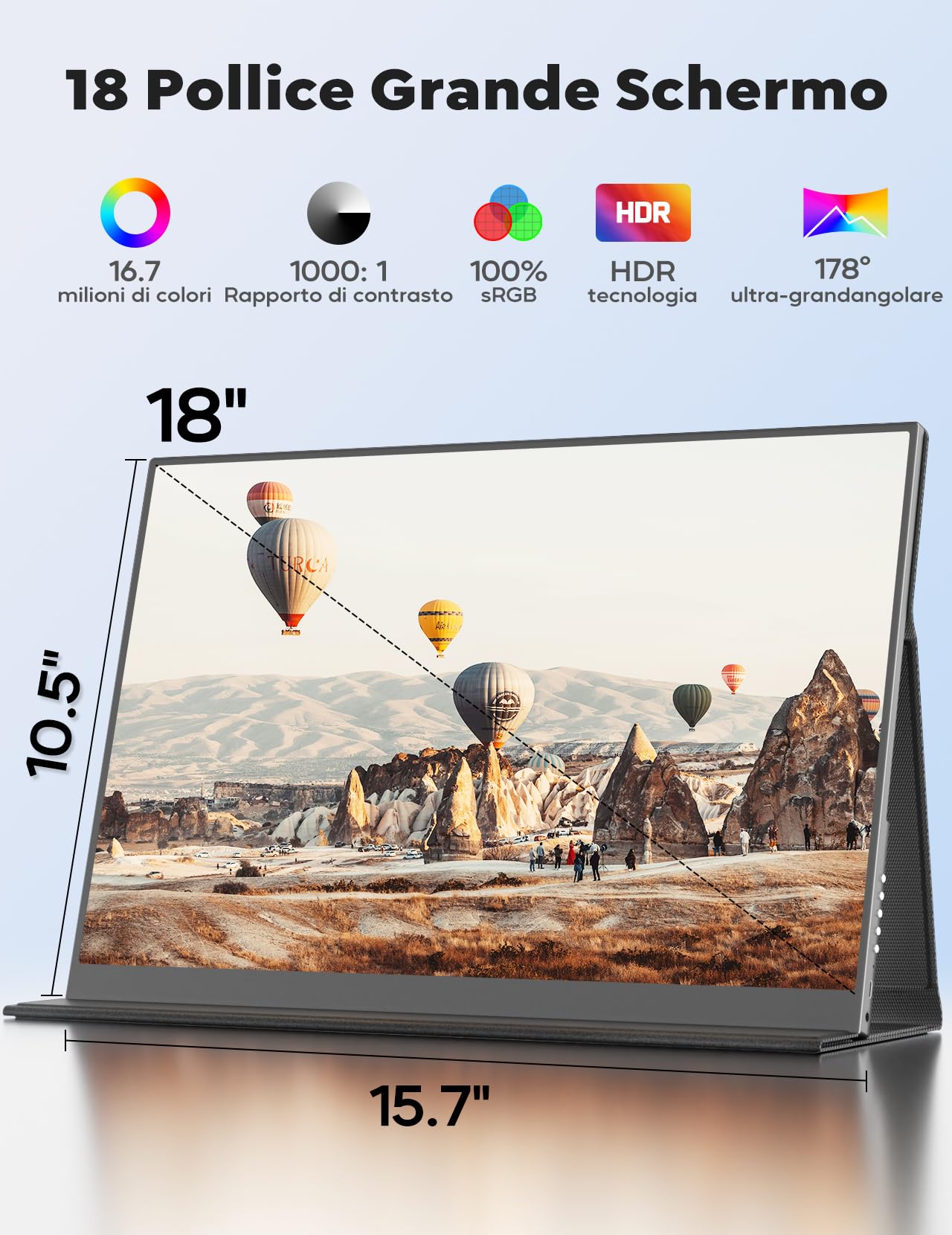 HONGO Monitor Portatile, 18" 2.5K 2560x1600 Esterno Schermo Portatile QHD 100% sRGB, HDR Display IPS con USB C Typ C HDMI, Doppi Altoparlanti Integrati Portable Monitor per Laptop PC Mac PS3/4/5/Xbox