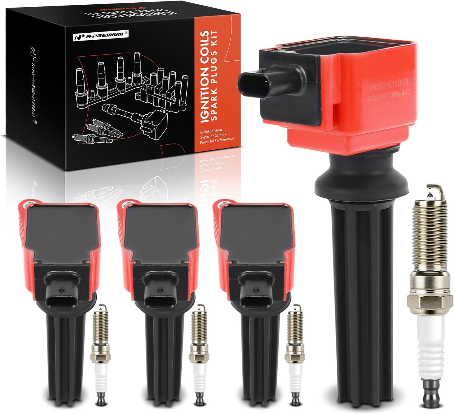 A-Premium Ignition Coil Pack and Iridium Spark Plugs Compatible with Ford Fusion 2.0L Turbo/Hybrid 2013-2018, Taurus 2.0L 2013-2017 & Lincoln MKC 2.0L/2.3L 2015-2019 - Red, Set of 4