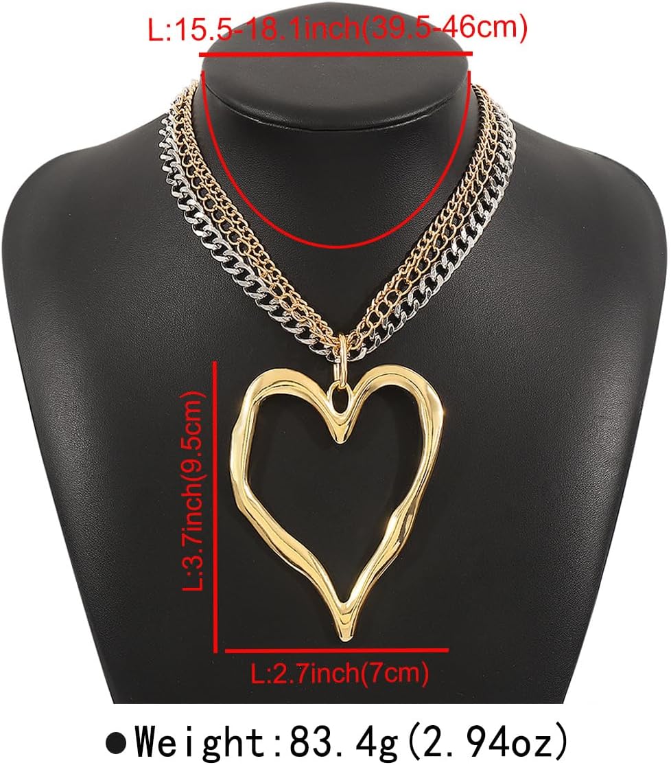 Y2K Large Heart Necklace for Women, Oversized Hollow Big Heart Pendant Chunky Gold Silver Chain Layered Choker, Trendy Statement Jewelry Gifts - Image 8