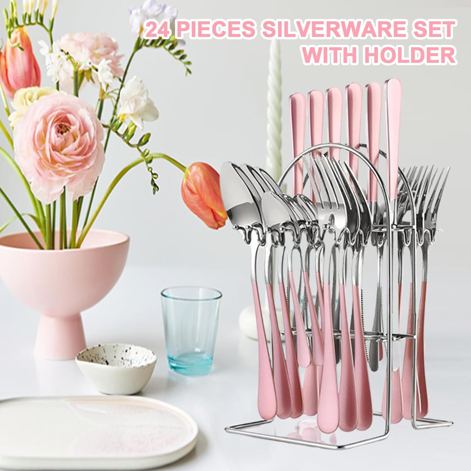 24 Pieces Silverware Set, Stainless Steel Cutlery Set with Holder, Flatware Set for 6 Person Tableware Set Includes Dinner Knives Forks Spoons Teaspoons, Mirror Polished (Pink)