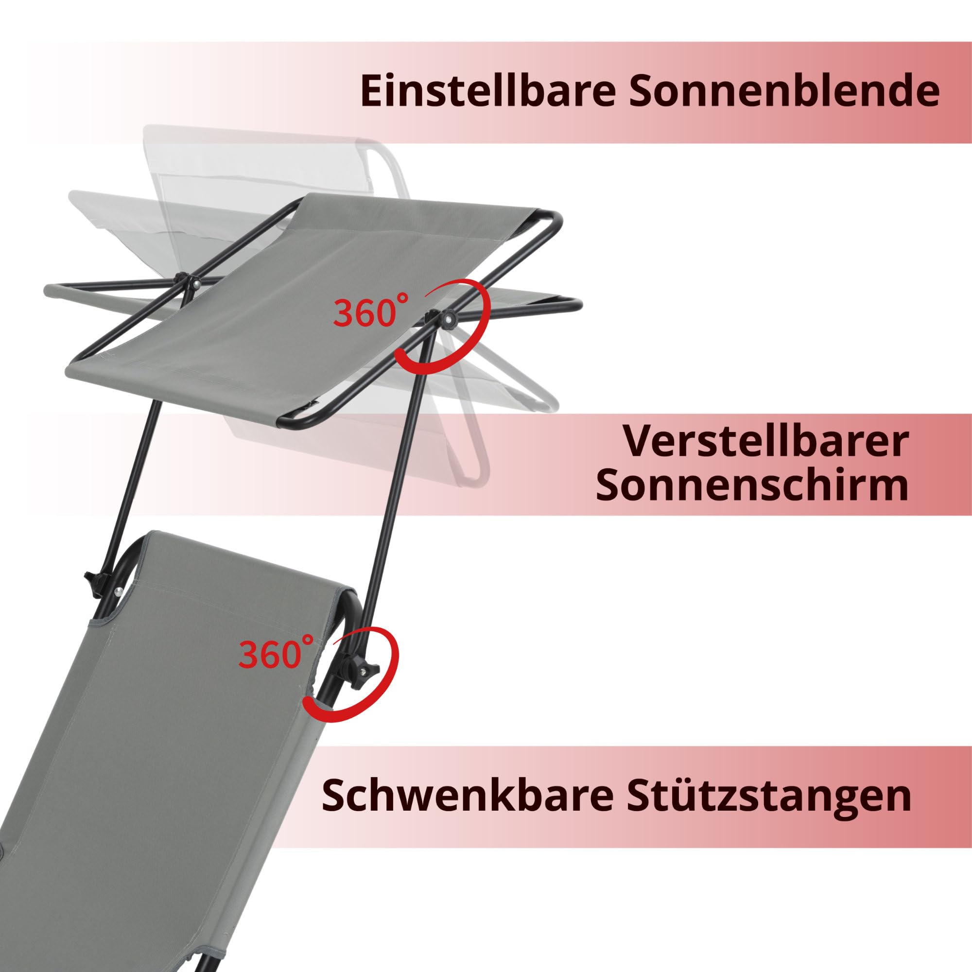 Stagecaptain CS-190 Sonnenliege klappbar mit Dach 2X Set – Gartenliege 190cm - Verstellbare Rückenlehne & Sonnendach - Wetterfest & faltbar für Garten, Balkon, Terrasse, Strand, Camping - Schwarz-Grau