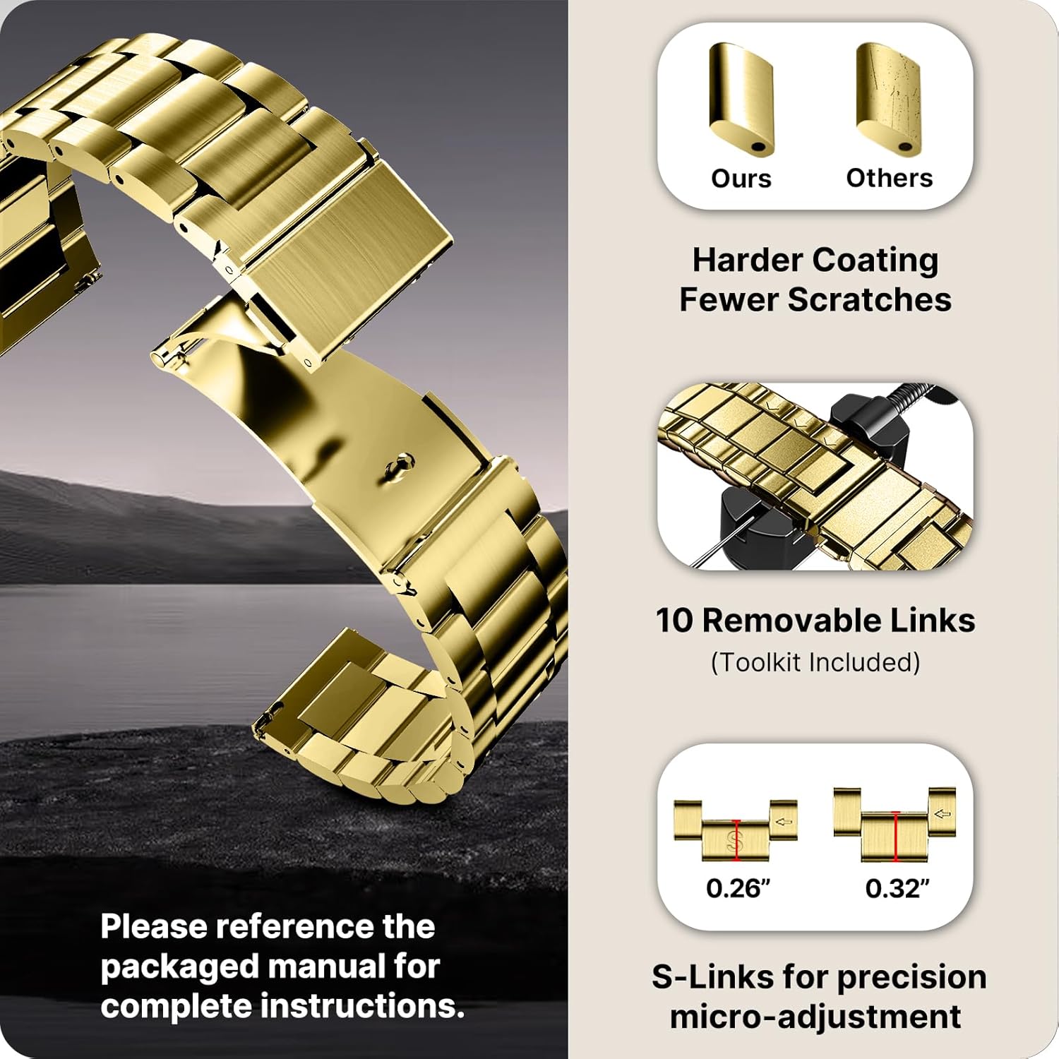 Fullmosa Watch Band, Quick Release Stainless Steel Replacement for Men Women, Metal Chain Watch Strap Width 16mm 18mm 19mm 20mm 22mm 24mm, Golden, 20mm