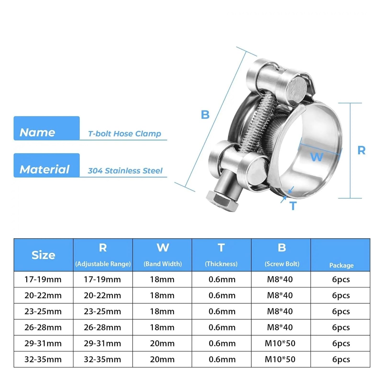 6 sztuk 304 zaciski do węży ze stali nierdzewnej T Bolt, 17-174mm Heavy Duty regulowany zacisk rurowy do rury wydechowej Turbo Intercooler(6pcs 17-19mm)