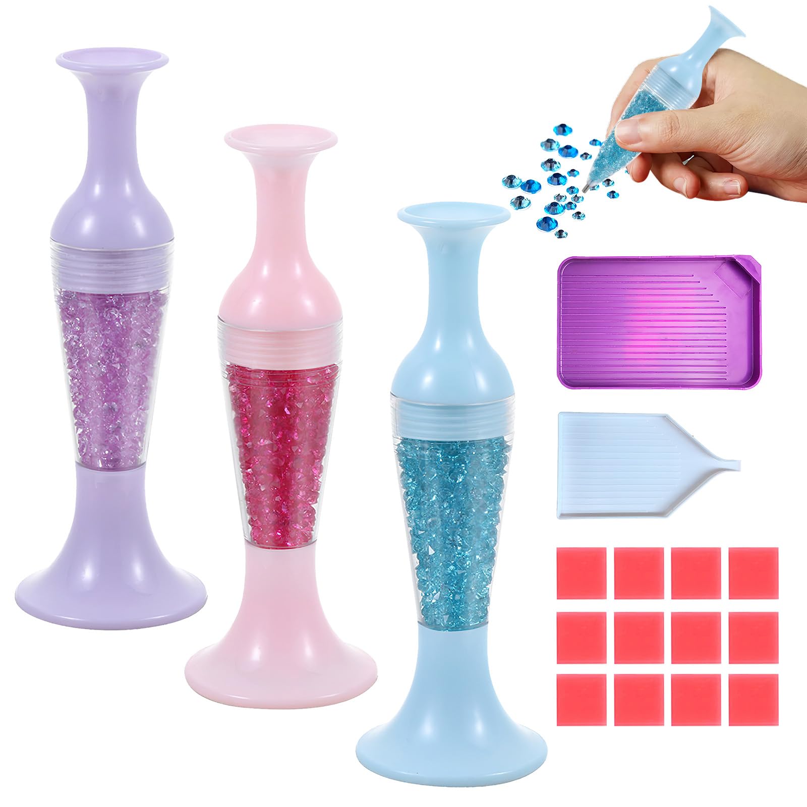 VEGCOO Diamond Art Pens, 3 PCS Vase Shape Rhinestone Sticky Drill Pens with Storage, DIY Nail & Craft Accessories