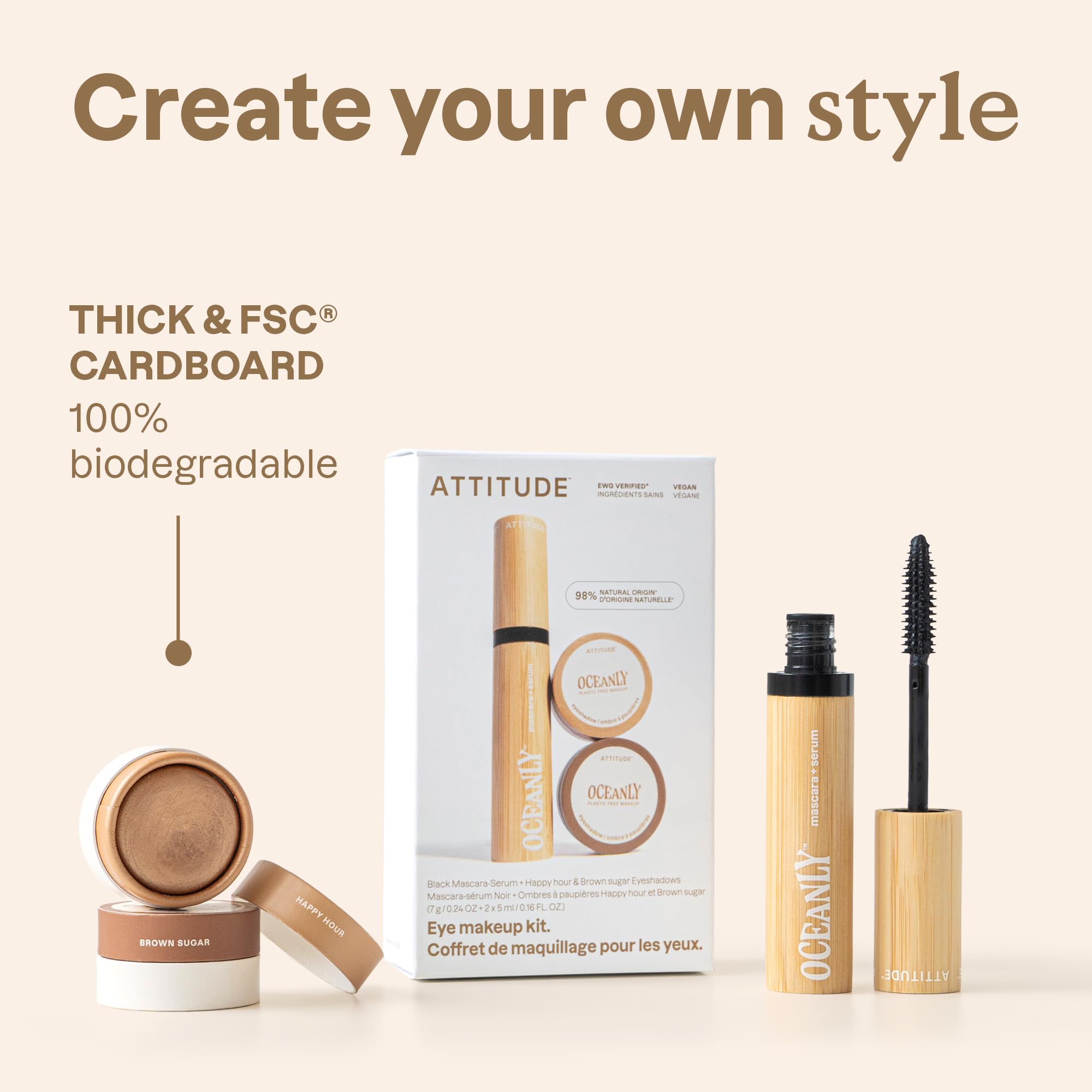 ATTITUDE Oceanly Coffret de Maquillage pour les Yeux, Regard Intense, Végan, Mascara Sérum Noir, Ombre à Paupière Happy Hour & Brown Sugar