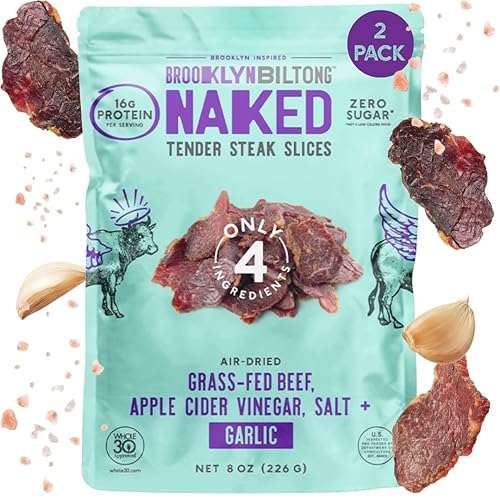 Miniatura 18 de Brooklyn Biltong Steakhouse, rebanadas tiernas de ajo desnudo (2 onzas, paquete de 2), bocadillos de proteína de carne alimentada con pasto, 1.13 oz