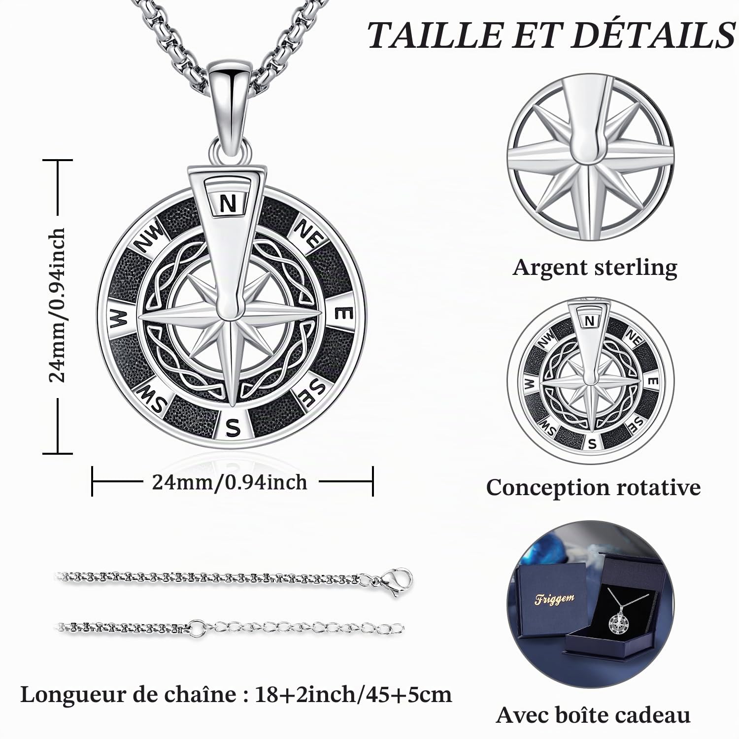 Boussole Collier en Argent Sterling 925 Homme Pendentif Collier Bijoux Amulettes pour Homme Femme Cadeaux de Festivals pour Famille Amis