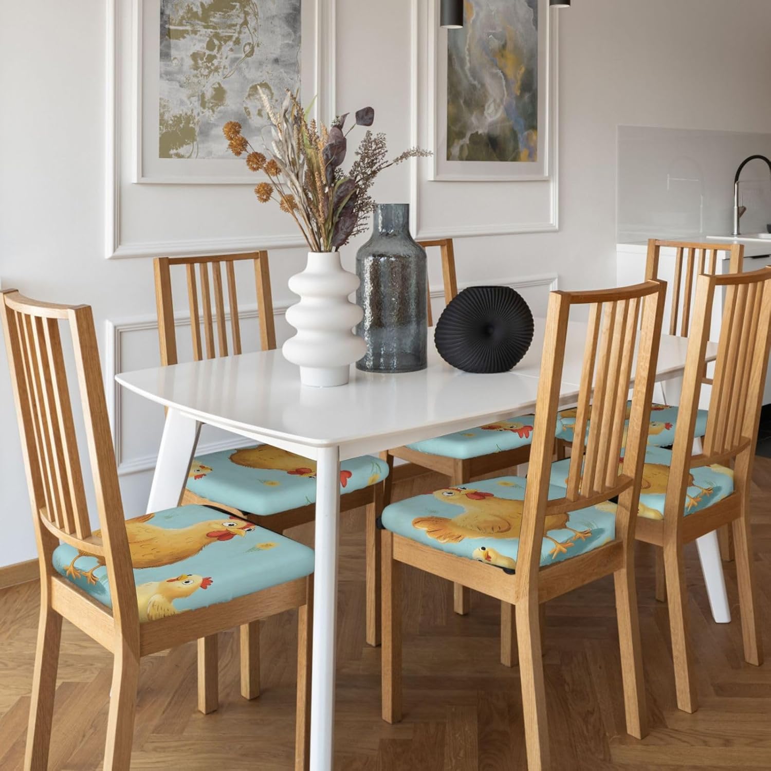 Creative Cartoon Chicken Print Square Cushion Covers 6 Pcs Set Elastic Non-Slip Seat Cushion Slipcovers Pet Furniture Protectors for Chair, Sofa