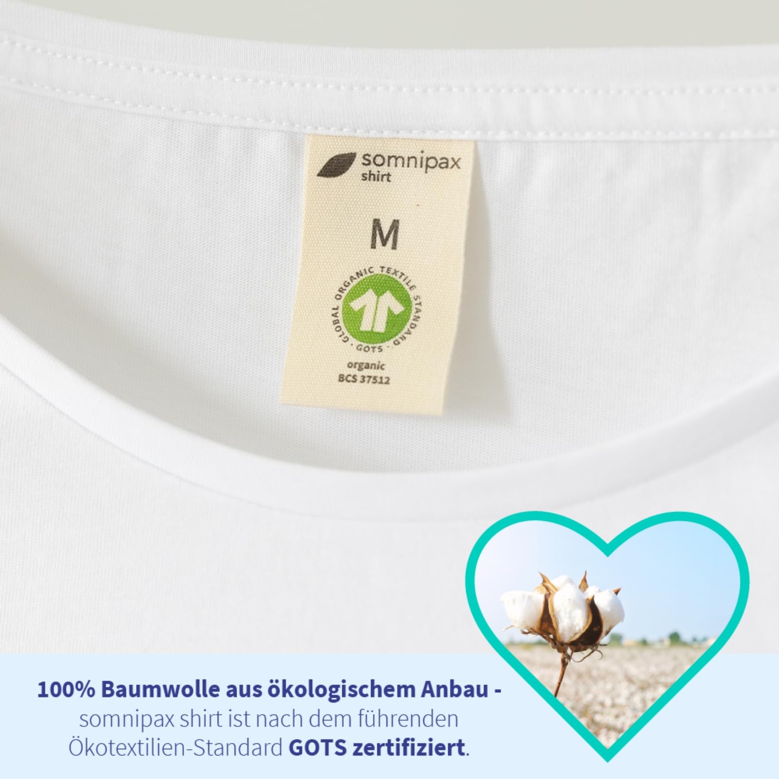 Anti-Schnarch-Shirt somnipax Standard mit Hartschaum-Rolle, 100% Bio-Baumwolle, Hilfe bei CPAP-Therapie, gegen Schlafapnoe + Schnarchen, für Männer [L]