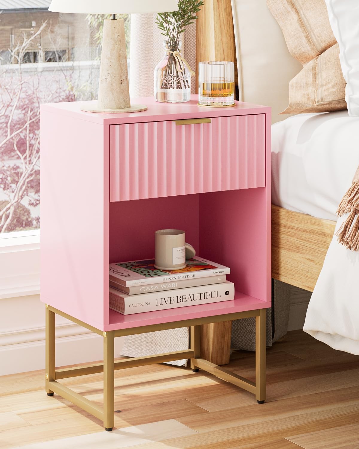 Masupu Fluted Nightstand, Modern Night Stand Wood Bedside Table with Storage Drawer Side End Table for Bedroom, Living Room, Office, Pink