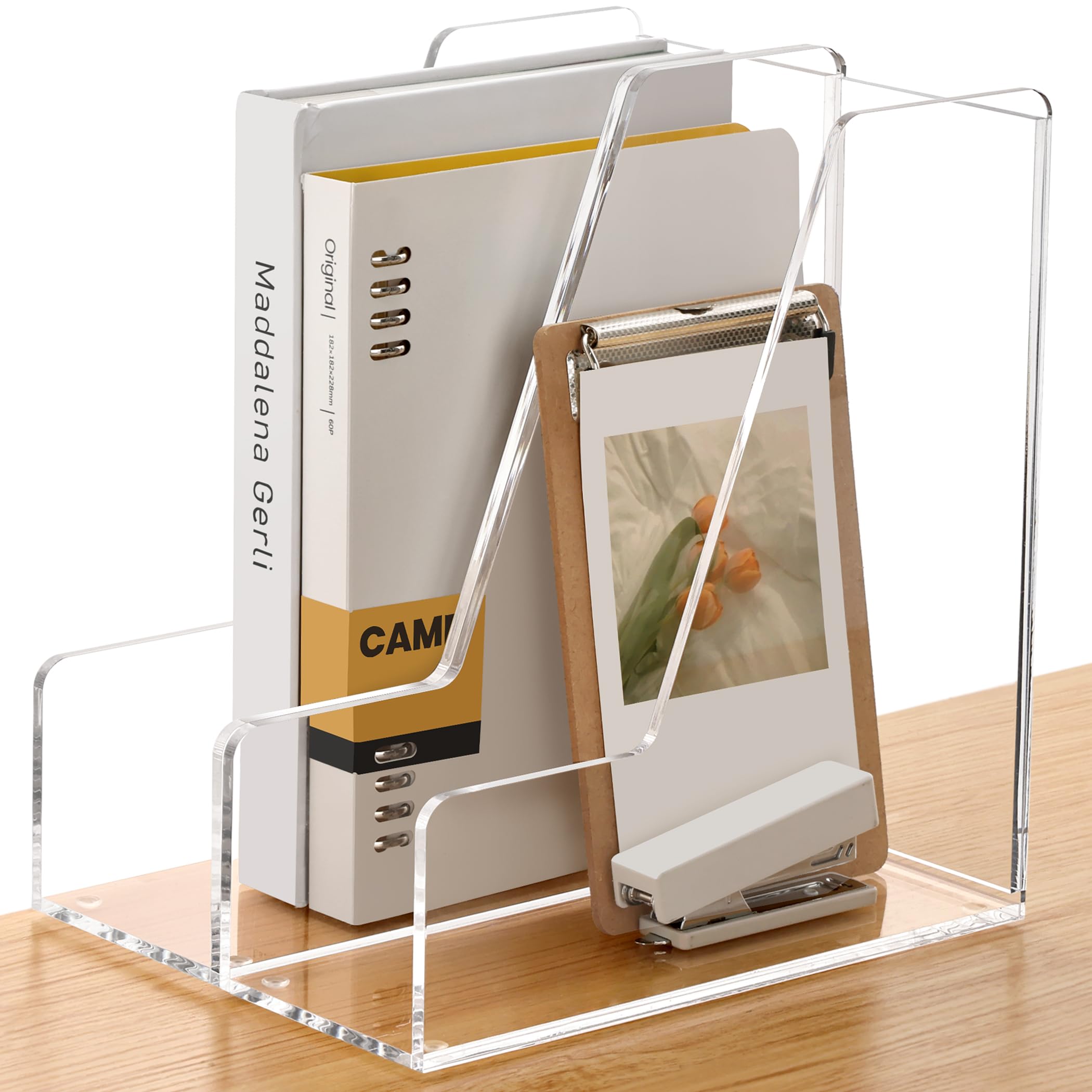 Paquete de 2 soportes acrílicos para archivos, organizador de escritorio, organizador de revistas, transparente, soportes verticales para clasificar archivos, 9.45 pulgadas de profundidad x 3.54