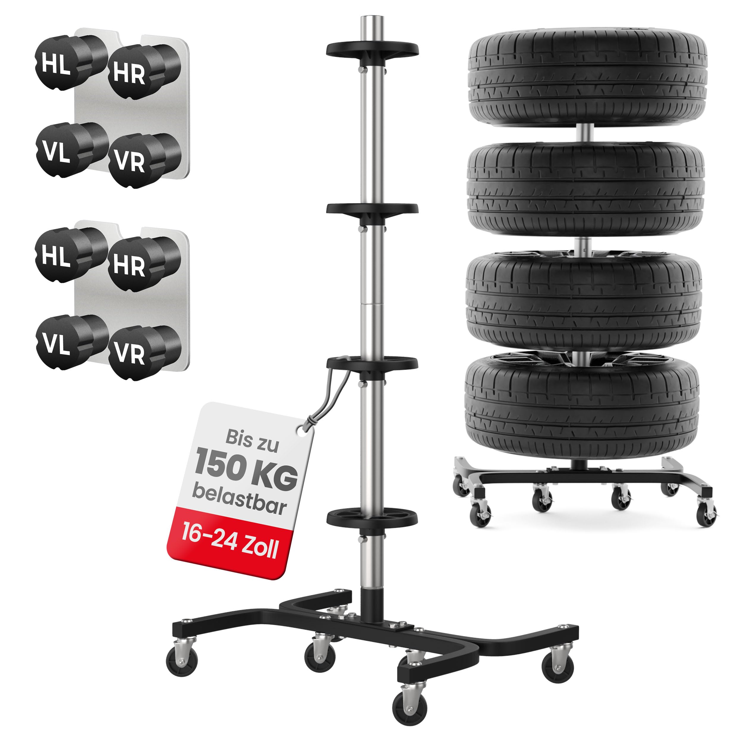 GENTOR Felgenbaum XL fahrbar für 4 Autoreifen bis 295mm (16–24 Zoll) – Reifenständer bis 150kg mit Rollen, Feststeller & 8 Reifenmarkierern – stabile & felgenschonende Lagerung