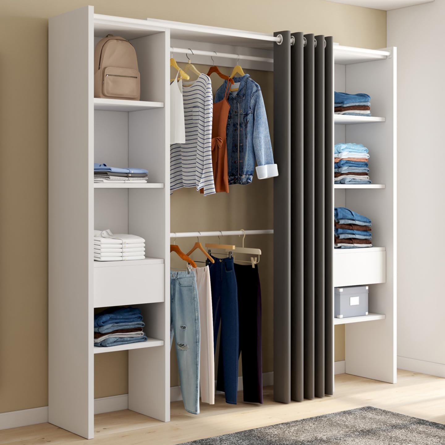IDMarket - Dressing extensible double MERYL 120/180 x 50 x 180 cm blanc avec étagères + double penderie + rideau gris