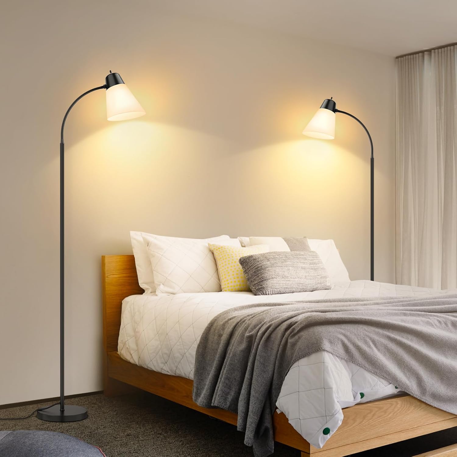 Coucrek Floor Lamp for Living Room, Adjustable Head Standing Lamp with White Plastic Shade, Black Reading Floor Lamps for Dorm, Bulb not Included