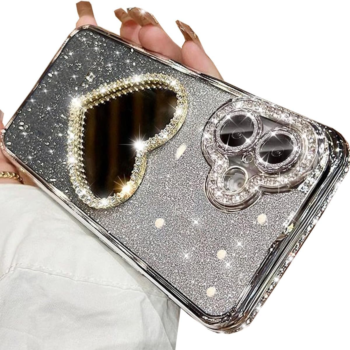Glitter Mirror Case for iPhone 16, Cute Luxury Diamond Heart Makeup Mirror Bling Sparkly Rhinestone with Camera Protector TPU Plating Bumper Women Girls Phone Case for iPhone 16 6.1" (Silver) - Image 9