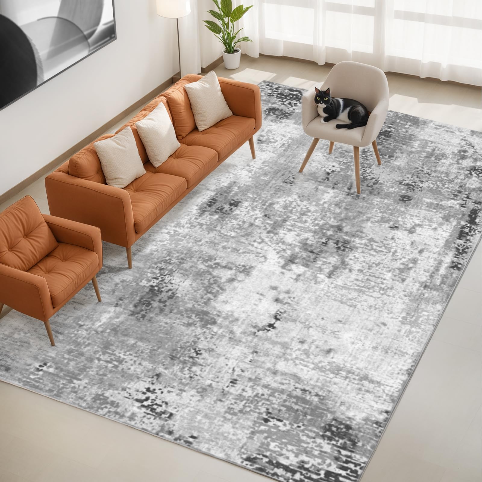 8'x10' Area Rug for Living Room Bedroom Machine Washable Non Slip Vintage Carpet Foldable Floor Cover Kitchen Accent Indoor Mat Throw Rug for Laundry Dining Room Bathroom Office, Grey