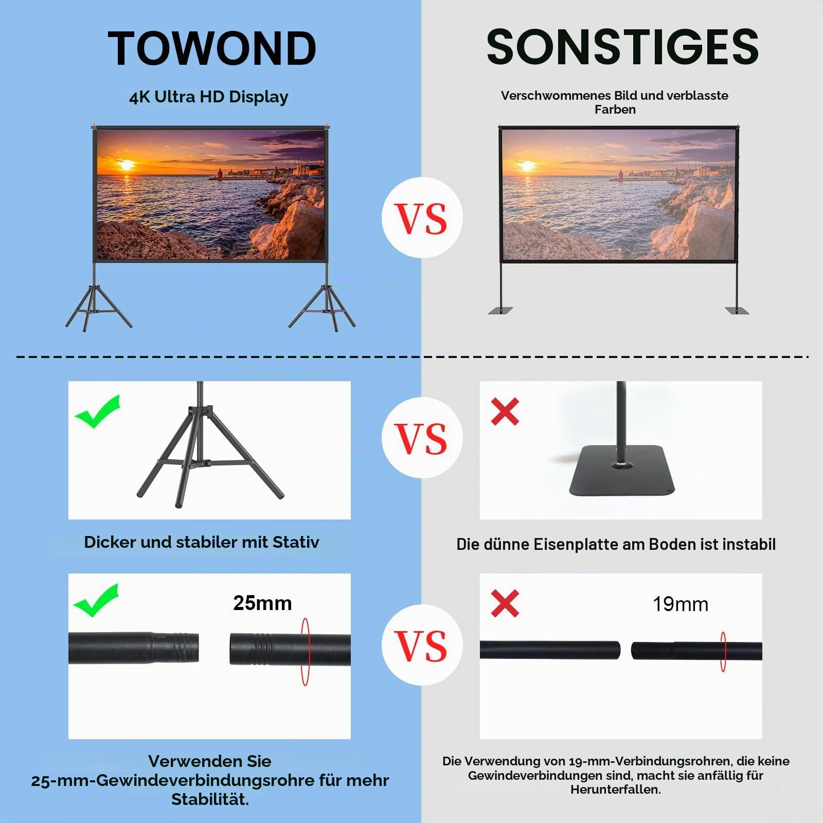 TOWOND 120 Zoll Projektionswand und Ständer, 16:9 HD tragbare einstellbare Innen- und Außenprojektionswand, Front- und Rückprojektion, Tragetasche inklusive für Zuhause, Garten & Camping