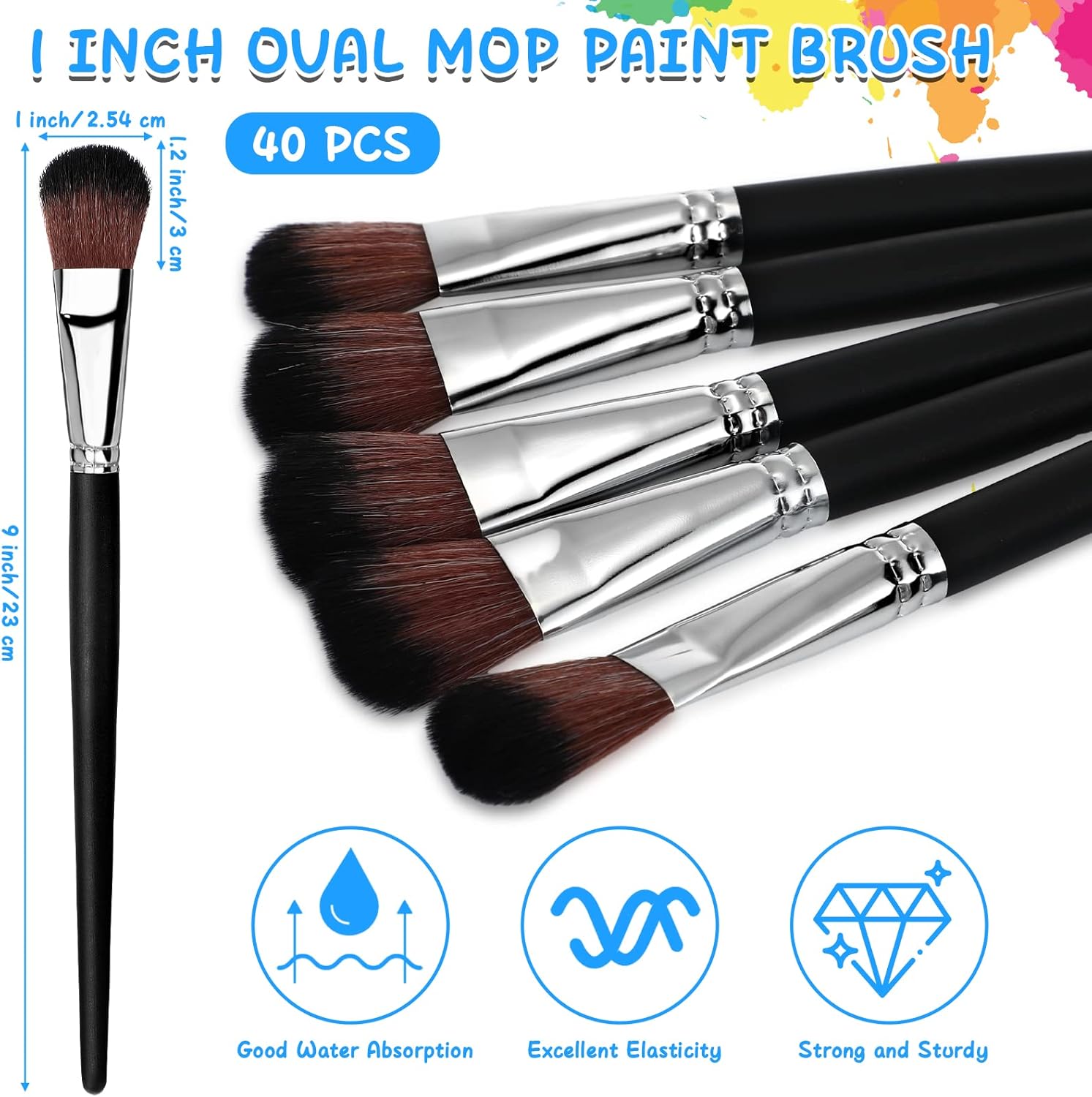 Colarr 40 Pcs 1 Inch Mop Brush for Acrylic Painting, Oval Blending Mop Brush with Wooden Handle for Acrylic, Oil, Crafts, Face and Body Art Painting