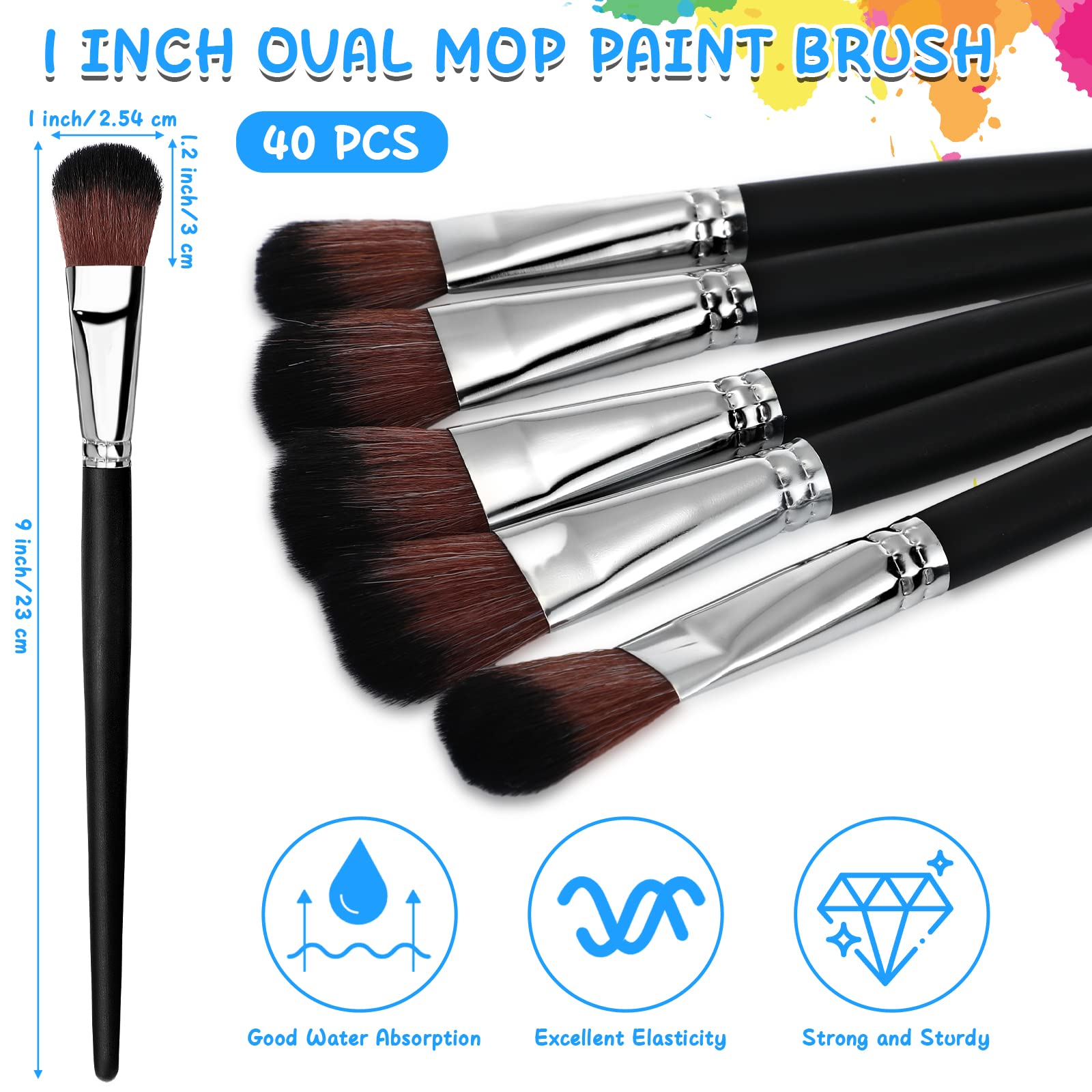 Colarr 40 pinceles de pintura ovalados de 1 pulgada para pintura acrílica, pinceles de acuarela con mango de madera para acrílico, aceite, manualidades, pintura artística facial y corporal