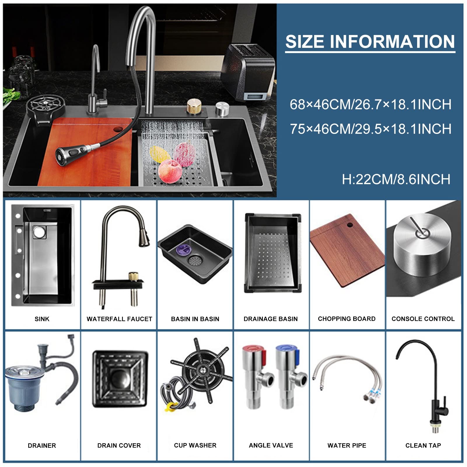 Nuovo lavello a Cascata in Acciaio Inox 304 per Bar/Cucina con lavabicchieri, Installazione a Incasso o sottotop (Dimensioni: 75x46x22 cm)