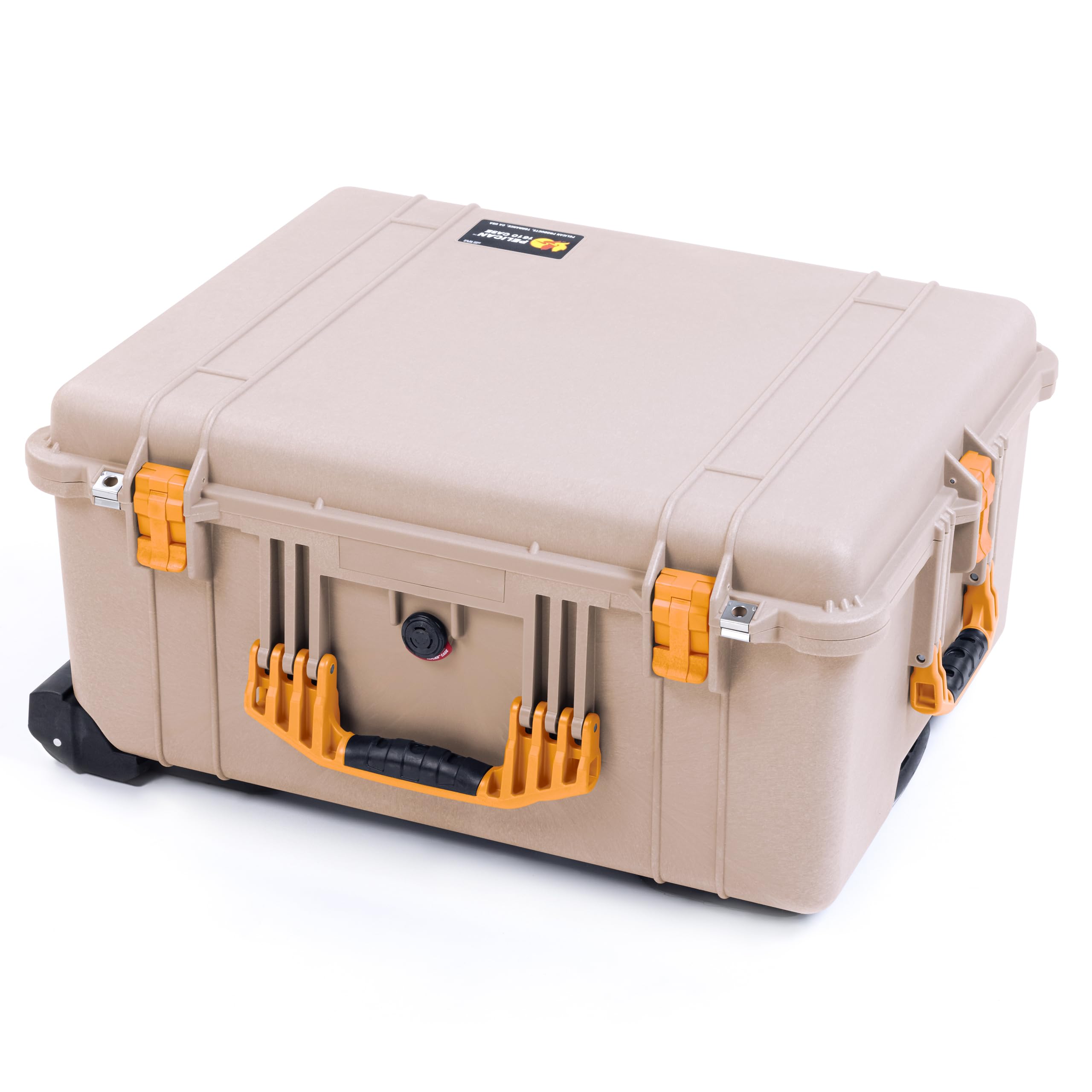 Pelican 1610 Case by ColorCase - Desert Tan - Large Sized Waterproof Case with Pick & Pluck Foam & Mesh Lid Organizer - Yellow Handles & Latches