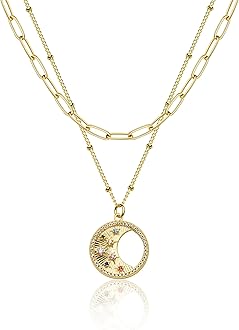 FetteroPendant Necklace Gold Choker Layered Coin Open Karma Circle Full New Crescent Moon 14K Gold Plated Dainty Simple Moon Phase Jewelry for Women Gift