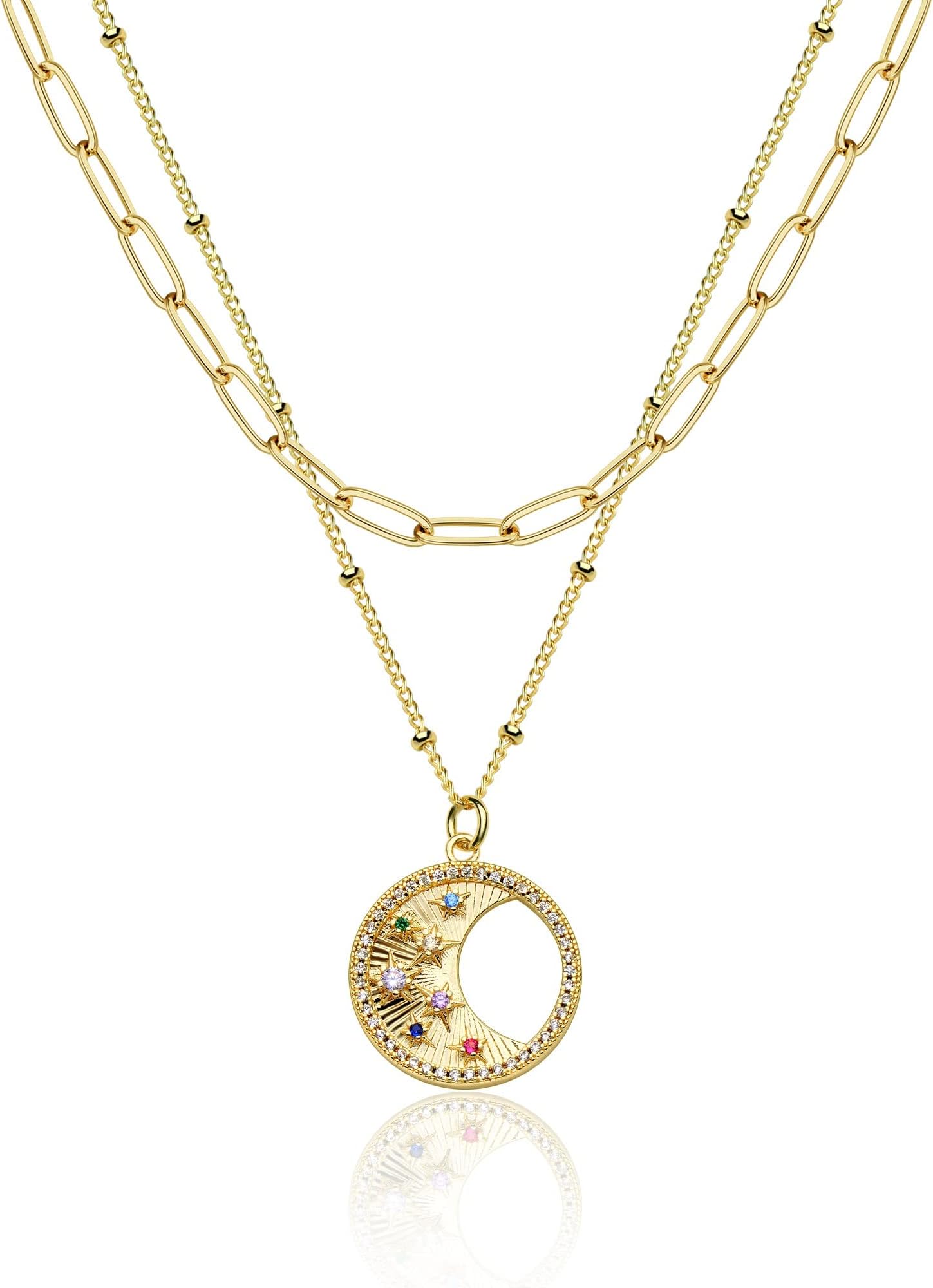 FetteroPendant Necklace Gold Choker Layered Coin Open Karma Circle Full New Crescent Moon 14K Gold Plated Dainty Simple Moon Phase Jewelry for Women Gift