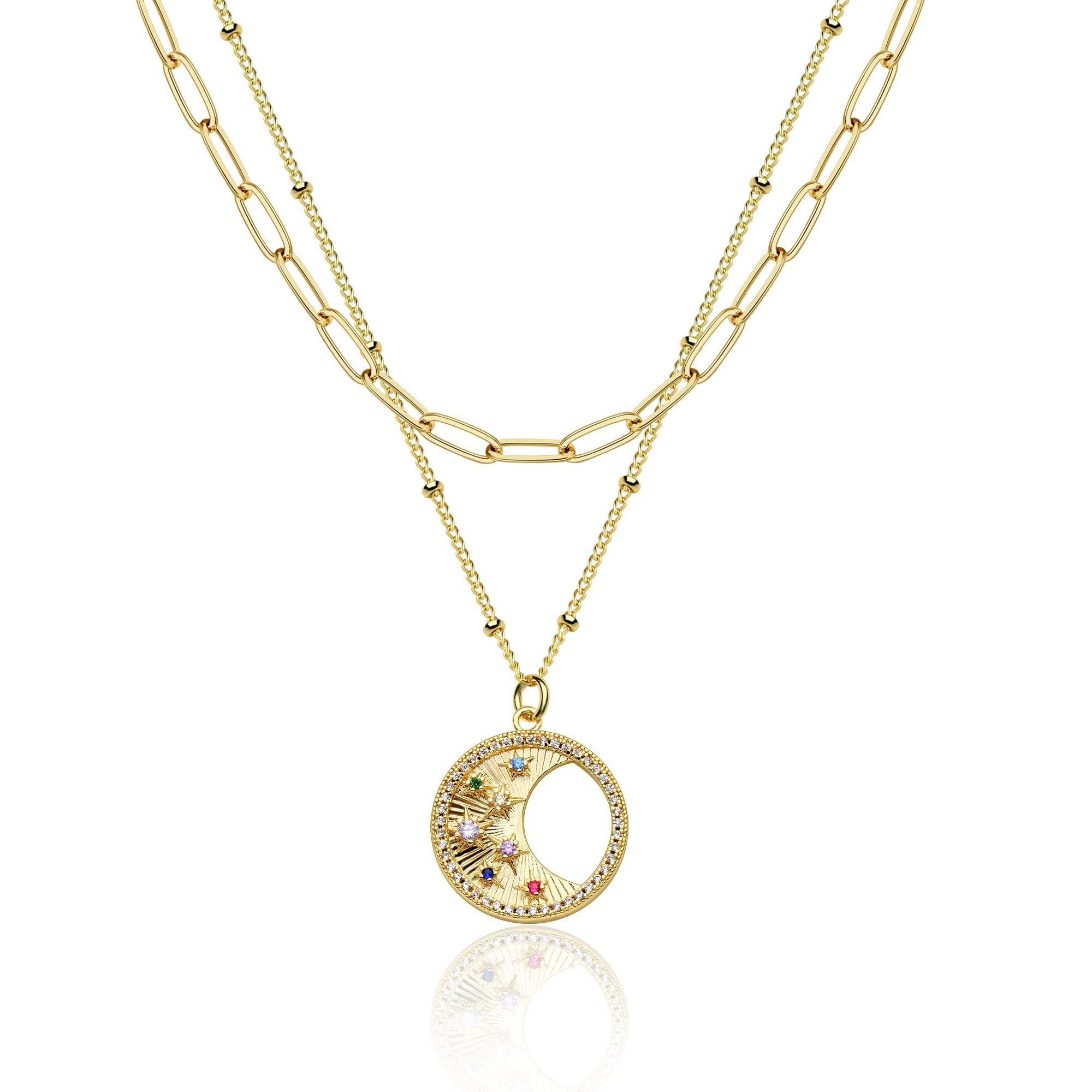 FetteroPendant Necklace Gold Choker Layered Coin Open Karma Circle Full New Crescent Moon 14K Gold Plated Dainty Simple Moon Phase Jewelry for Women Gift