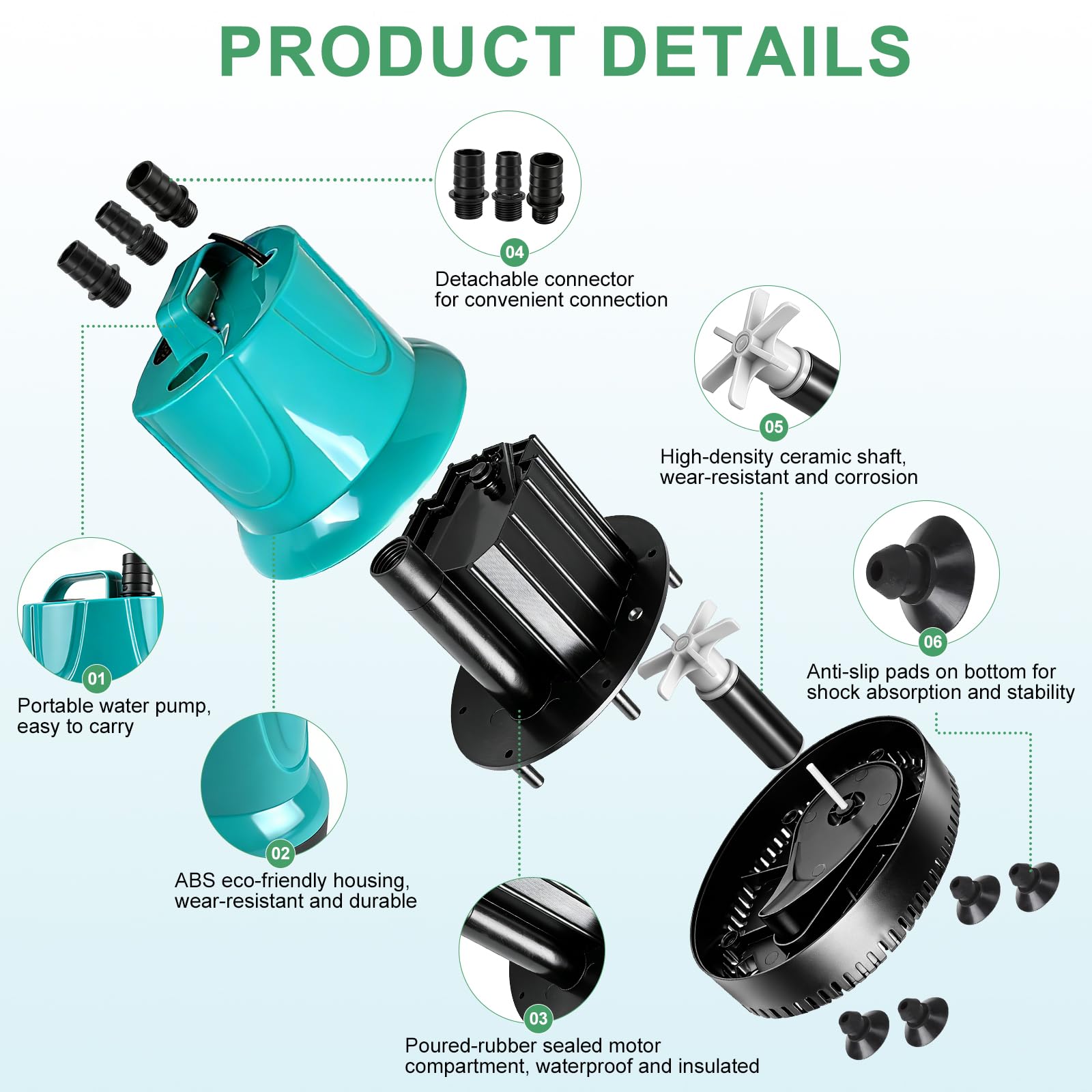 EXLECO Bomba de Agua Sumergible 60W 3000L/H, Mini Water Pump, Bombas de Achique para Aguas Sucias, Acuario, Estanque Jardín – Verde