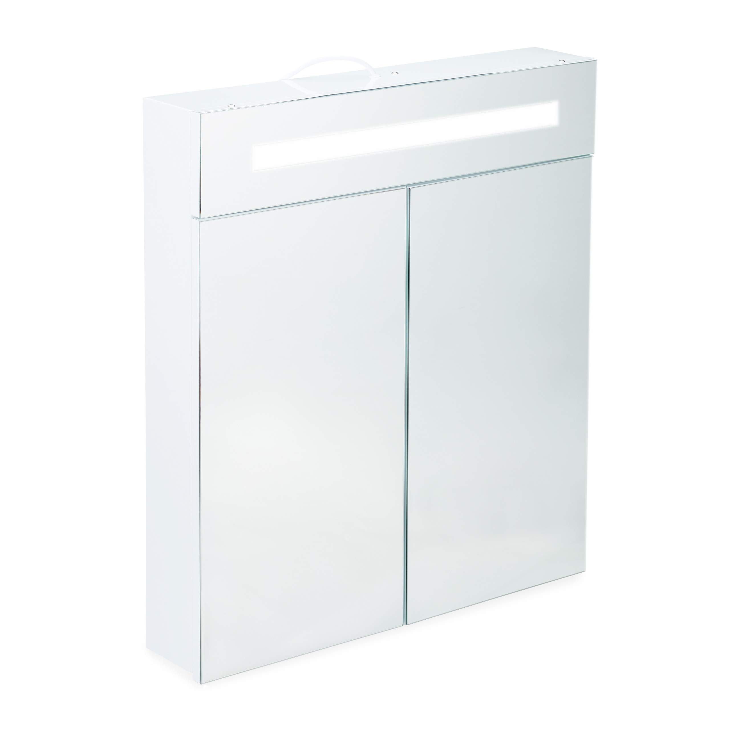Relaxdays, 67 x 60 x 12 cm Armario con Espejo, LED, Dos Puertas, Tres Compartimentos, con luz, para Pared, Blanco, Acero