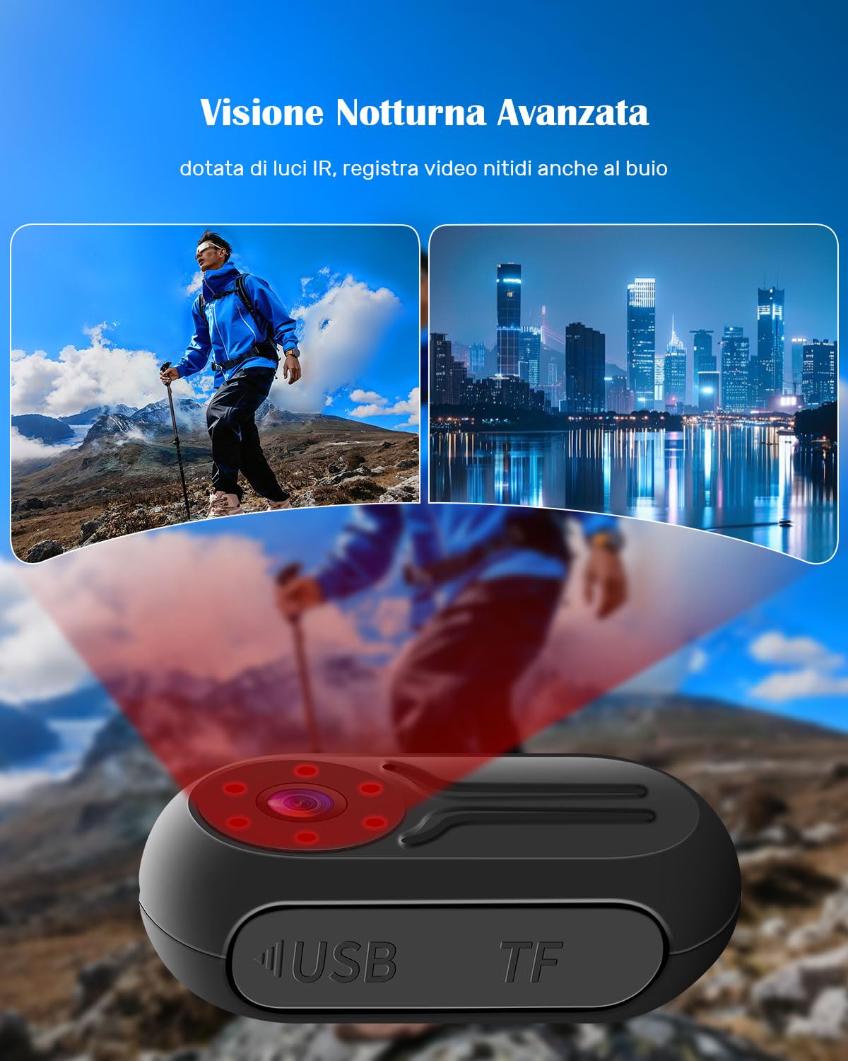 Action Cam 1080P HD, Mini Telecamera Sportiva 120°, Portatile Fotocamera d'Azione con Schermo Bodycam Videocamera Accesorios Multiples per Vlog Bicicletta Casco Moto