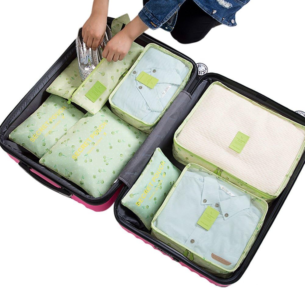 7Pcs Travel Storage Bags Clothes Packing Cube Luggage Organizer with Shoes Bag (Green cherry)