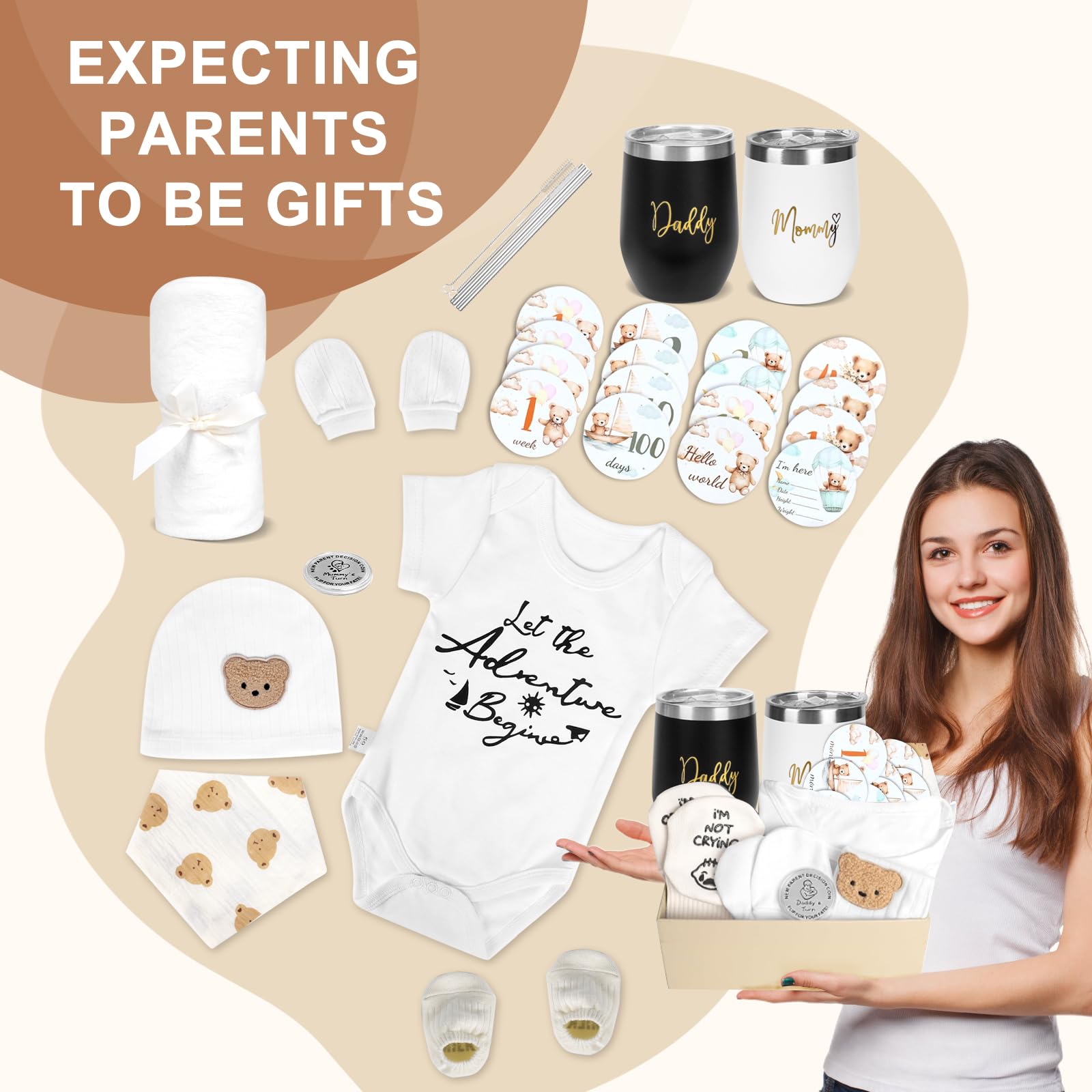Regalo Neonato, 11 Pezzi Kit Nascita Maschietto Femminuccia, Regali per Neonati con 2 Tazze Body Neonato Copertina Cappellino Calzini Bavaglino Guanti Moneta Decisionale