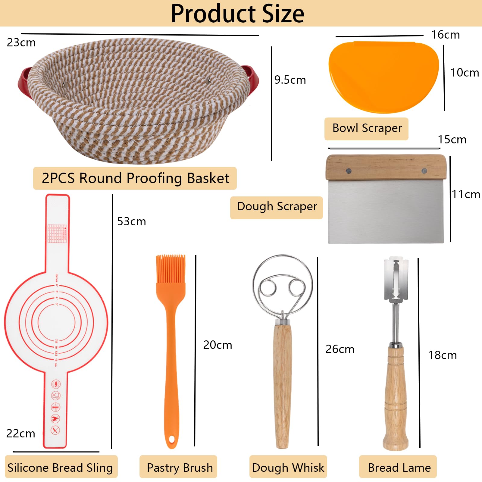 2 Banneton pour Pain,Panier de Fermentation en Coton Tissé avec Doublure en Lin,Grattoir,Brosse en Silicone,Tapis de Cuisson,Coupe-pâte,Fouet à Pâte