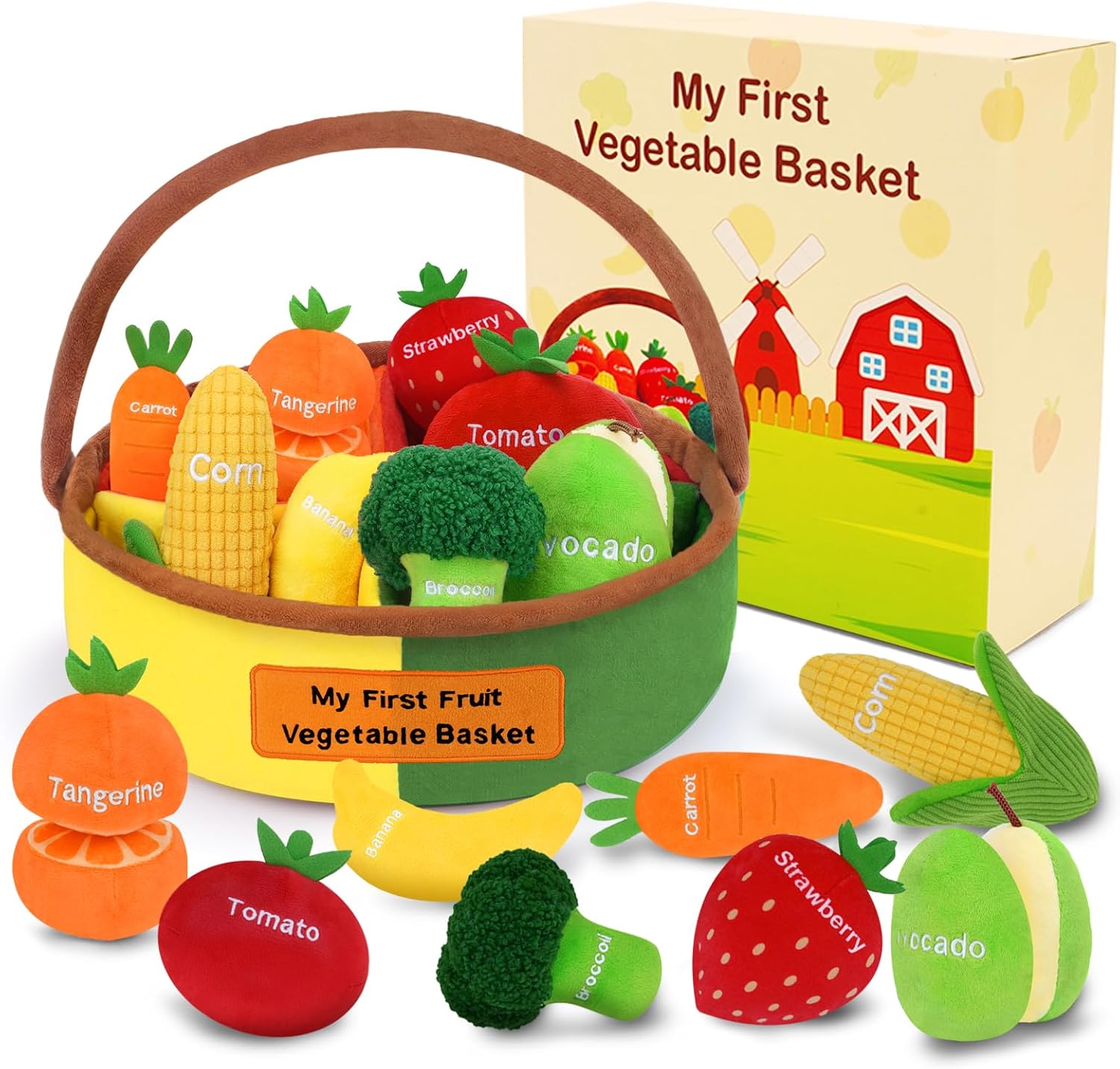 GERBIT My First Fruit Vegetable Basket Plush Set - 8 Soft Squeaky Sensory Toys, Montessori Play Food for Toddlers Babies 1st Birthday Gift