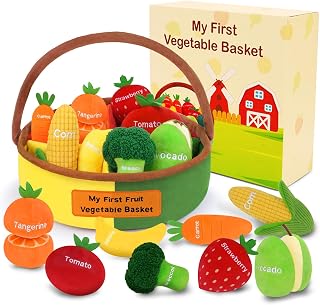 GERBIT My First Fruit Vegetable Basket Plush Set - 8 Soft Squeaky Sensory Toys, Montessori Play Food for Toddlers Babies 1st Birthday Gift