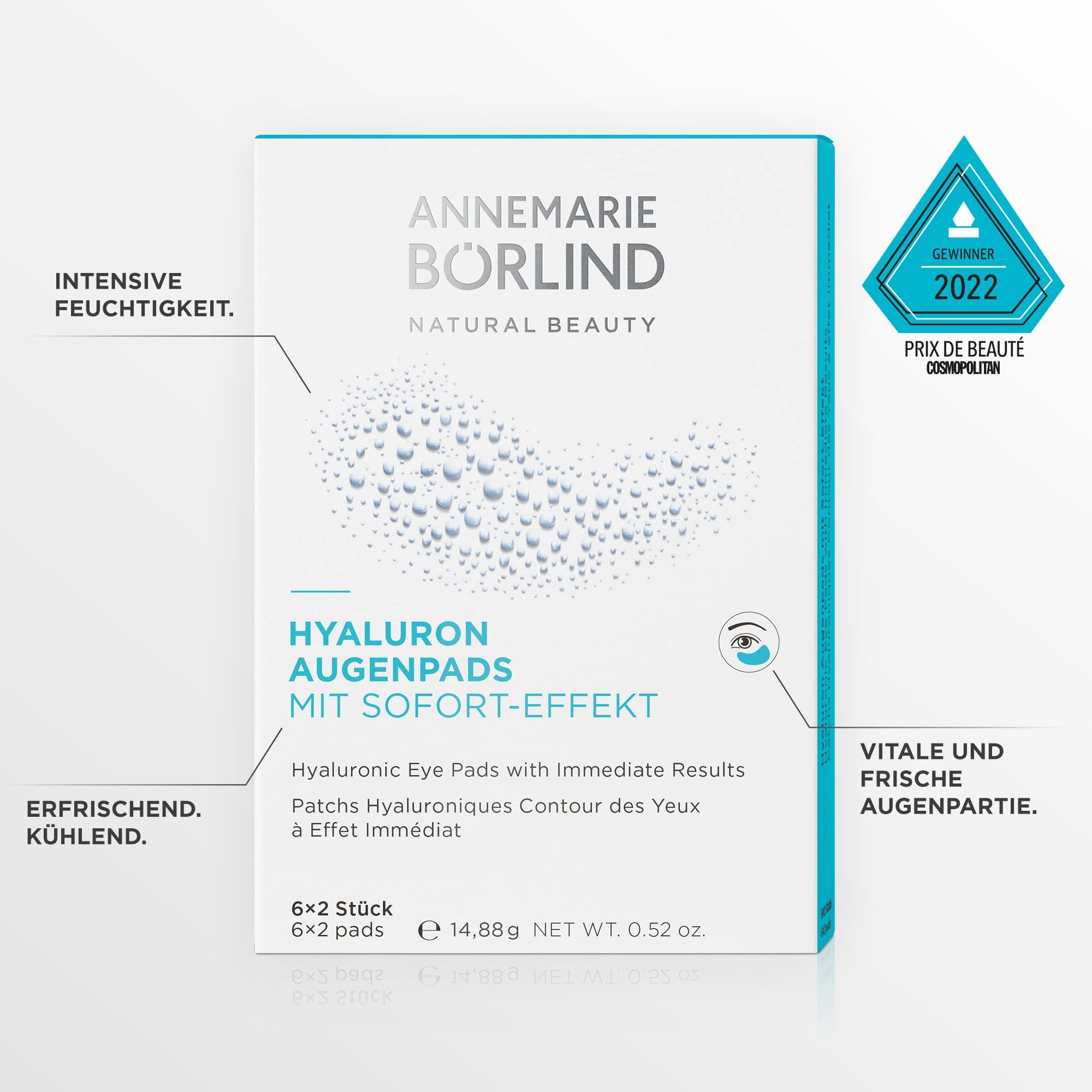 ANNEMARIE BÖRLIND AUGEN & LIPPENPFLEGE Hyaluron Augenpads mit Sofort-Effekt (6 x 2 Stk.) - Eye Patches, Augenpads Gegen Augenringe, Fältchen & Linien, Mit Hyaluron, Glättend & Kühlend, Vegan