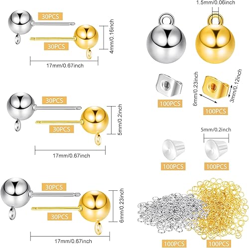 Miniatura 8 de 780 aretes de bola de 3 tamaños con lazo de 0.157 in, 0.197 in y 0.236 in, aretes de bola redondos, parte trasera de aretes de mariposa, parte
