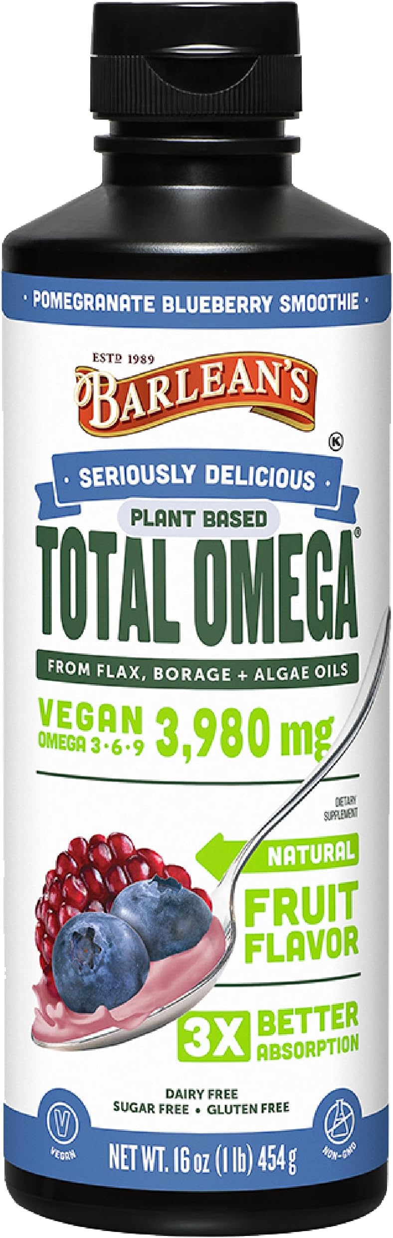 Vegan Omega 3 6 9 Flaxseed, Borage and Algae Oil Liquid Supplement, Pomegranate Blueberry, 3,980 mg GLA, EPA and DHA Fatty Acid, Vegan, 16 oz