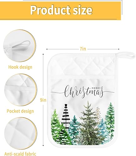 Miniatura 3 de Forest Christmas Tree 4Pcs Pot Holders for Kitchen, Non Slip & Heat Insulation Terry Cloth Potholder Set with Pocket, Thick Hot Pad Oven Mitts