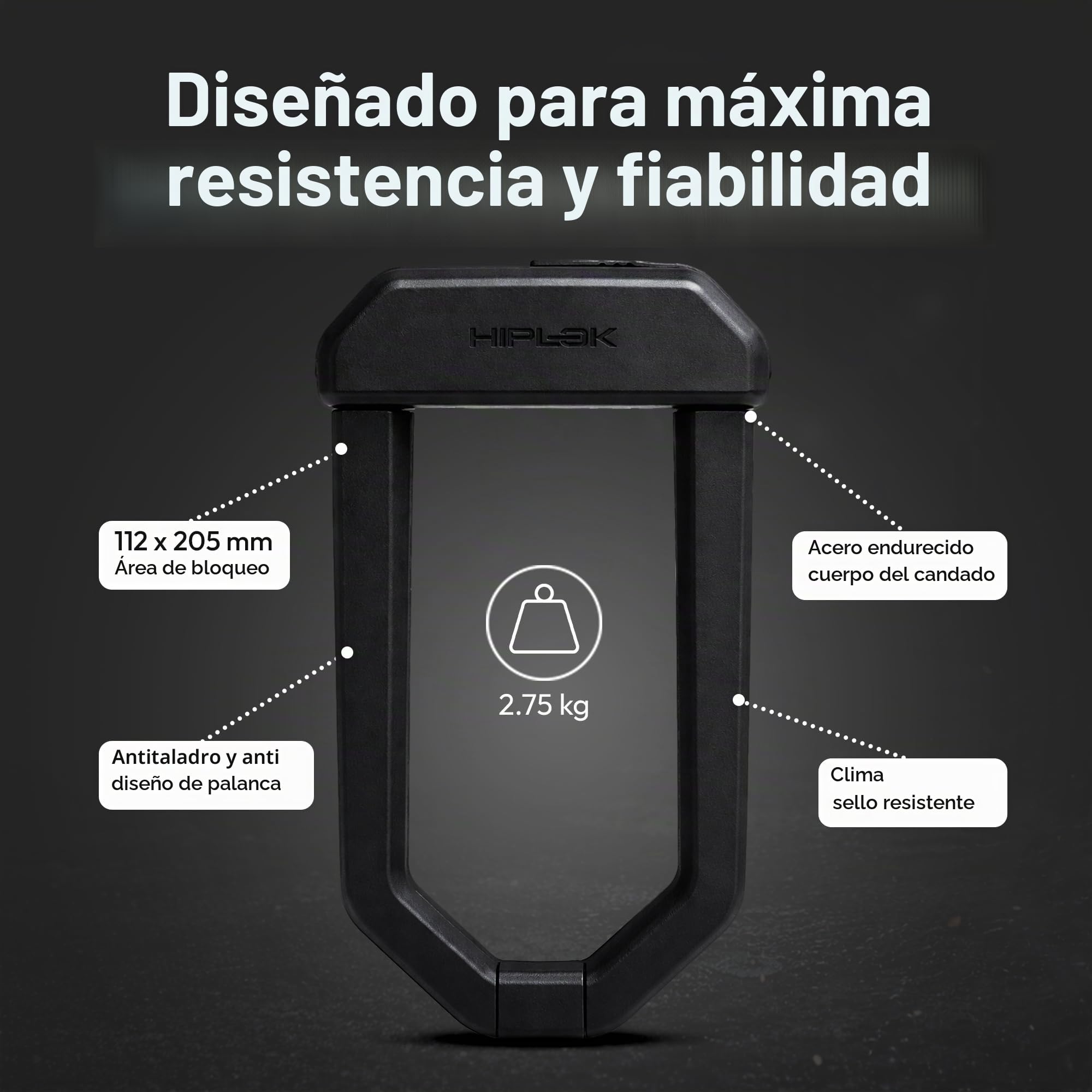 Hiplok D1000, Candado de horquilla, Unisex, ALL BLACK, Área de cierre: 15,5 cm x 9,2 cm