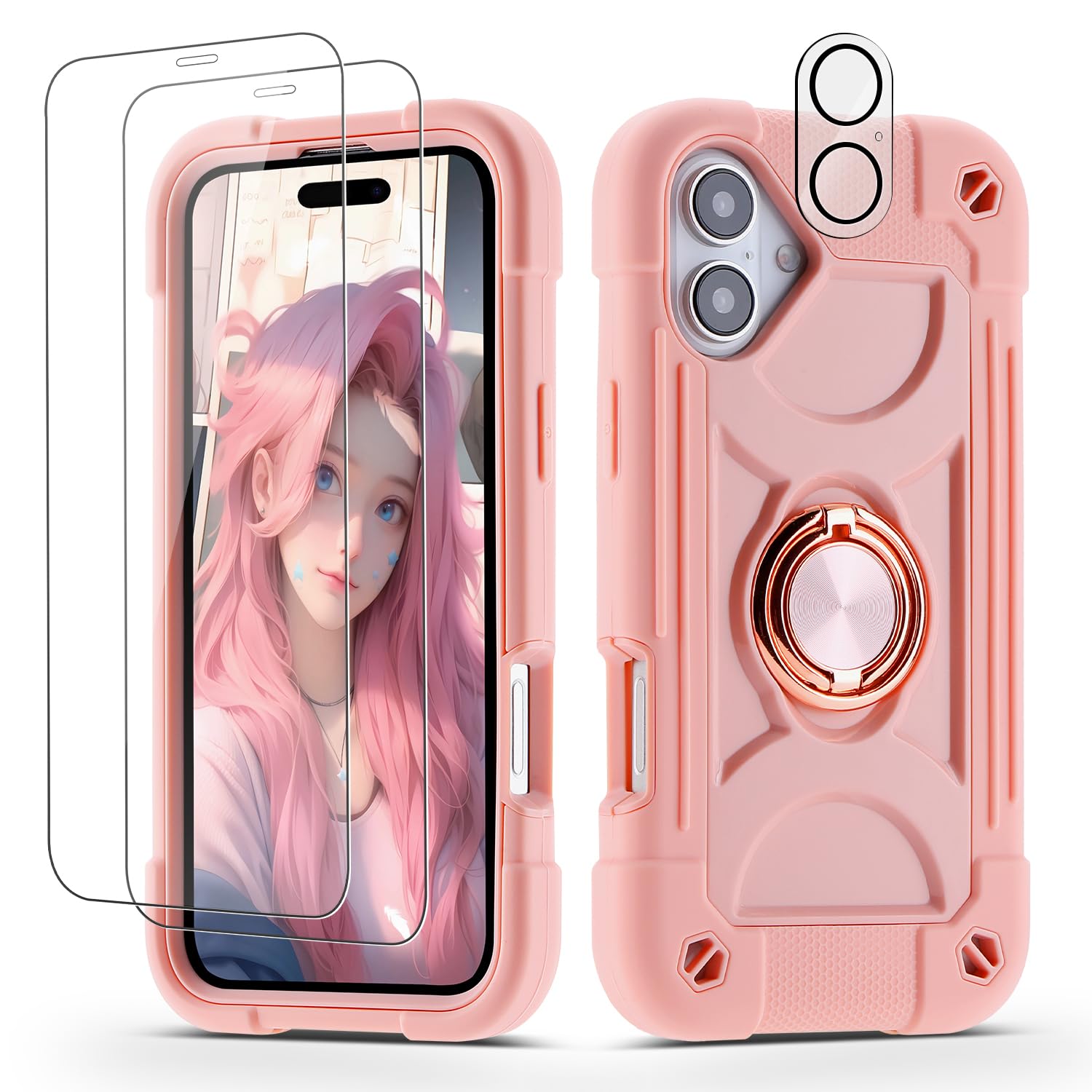Cookiver for iPhone 16 6.1 inch Case - Heavy Duty Shock Resistant Military Grade Rugged Case with Ring Stand, Glass Screen Protector and Camera Lens