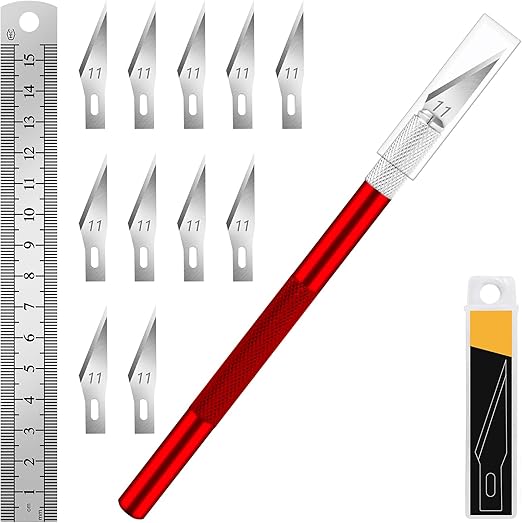 DIYSELF 1 Pcs Craft Knife Hobby Knife with 11 Pcs Stainless Steel Blades Kit, 1pcs Steel 15MM Ruler for Art, Scrapbooking, Stencil(Red)
