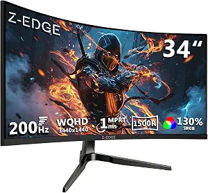 Z-Edge 34 inch Curved Gaming Monitor, WQHD 1440P 200Hz 144Hz PC Monitor | MPRT 1ms, 21:9 Aspect Ratio, 1500R, 16.7M Colors, 4000:1 Contrast, UG34 Frameless,Eye Care, 2xDP,2xHDMI,for Gaming,Business
