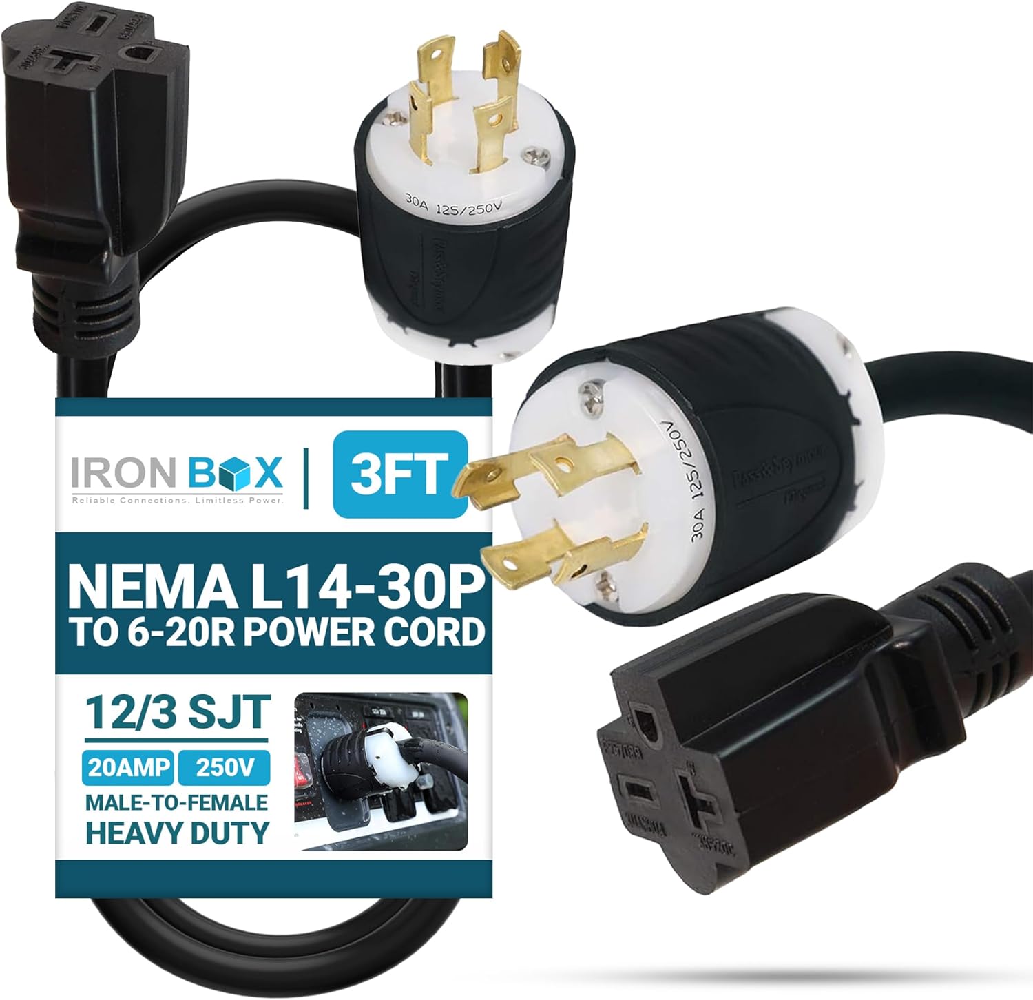 IronBox Electric NEMA L14-30P to 6-20R Power Cord Plug Adapter - 20A, 250V, 12/3 SJT - UL Listed Extension Cable - Heavy Duty Plug and Connector for Generator, Camper, Data Center & More (3ft, Build)
