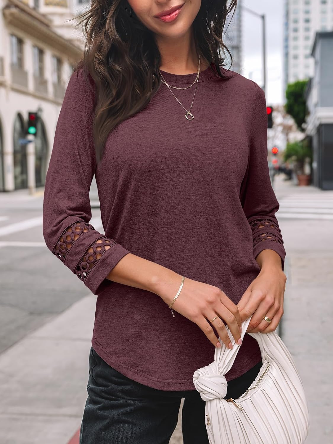 AUTOMET 3/4 Length Sleeve Womens Tops Crewneck Lace Tunic Business Casual Dressy Blouses Fall Trendy Outfits 2025 - Image 2