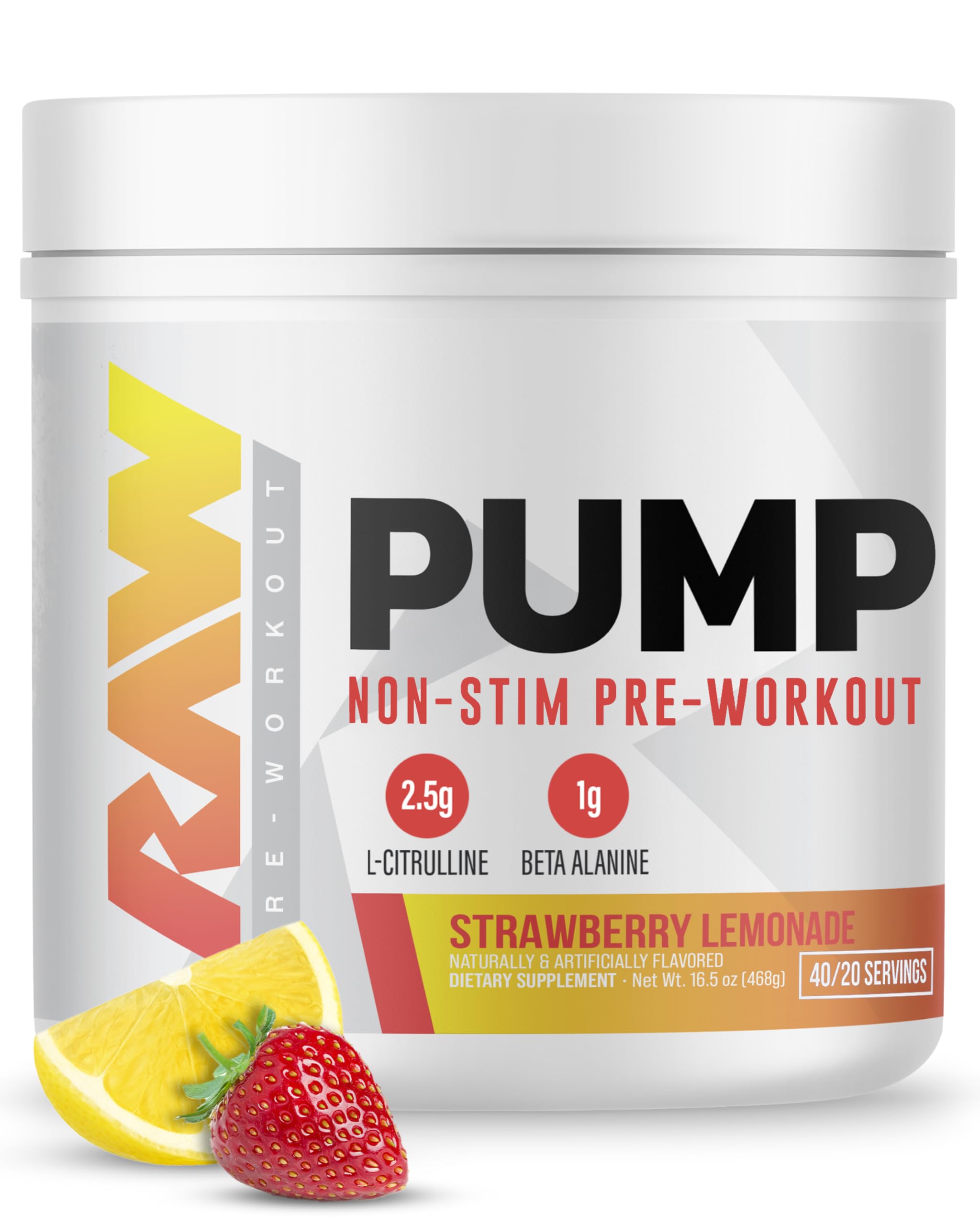 Pump Stim Free Pre Workout (Strawberry Lemonade) - Non-Stimulant Pre Workout Supplement Powder Nitric Oxide Booster - Pre Workout Supplements Drink for During Workout - 40 Servings