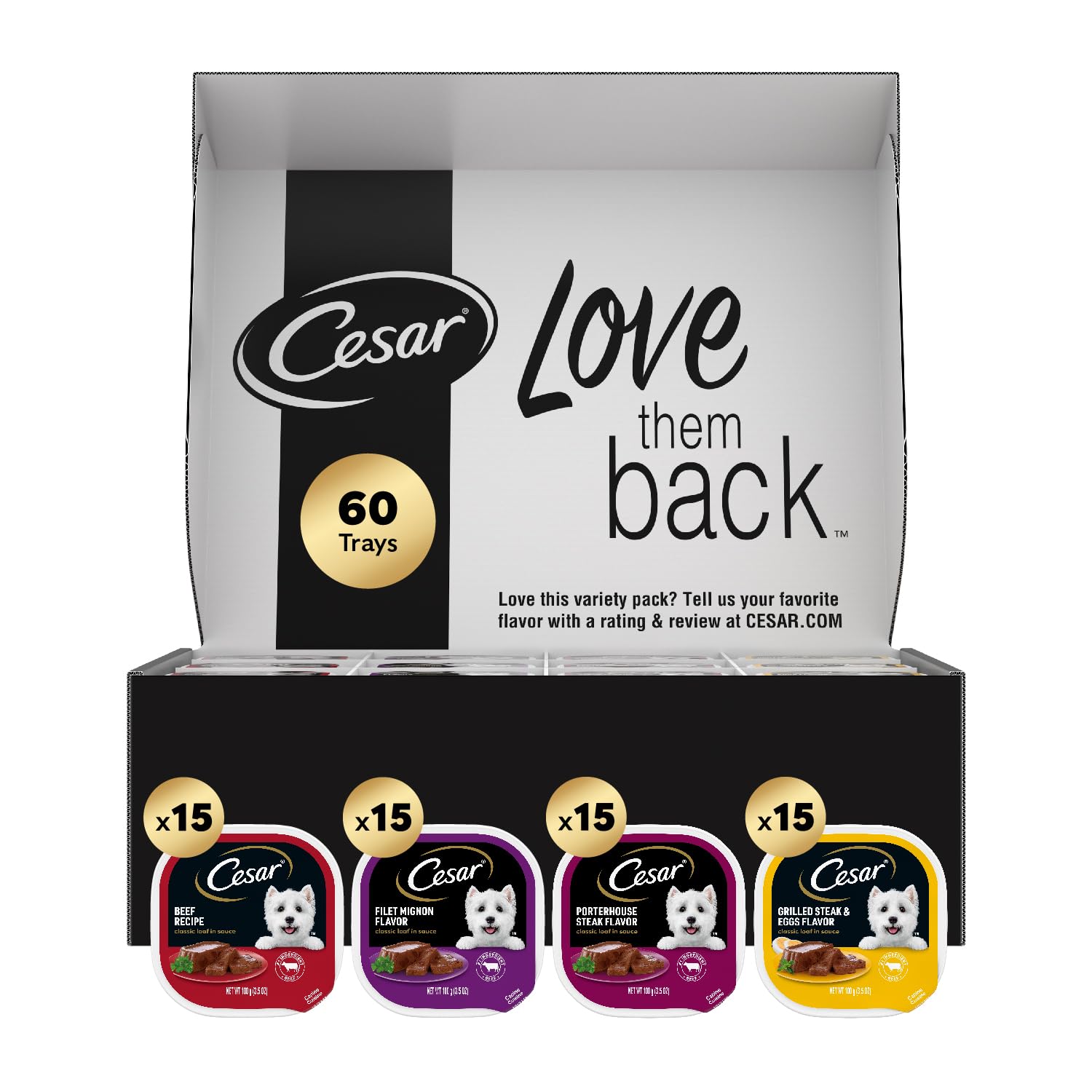 Cesar Wet Dog Food Classic Loaf in Sauce Filet Mignon Flavor, Porterhouse Steak Flavor, Grilled Steak & Eggs Flavor, and Beef Recipe Variety Pack 3.5 oz. Easy Peel Trays (60 Count)