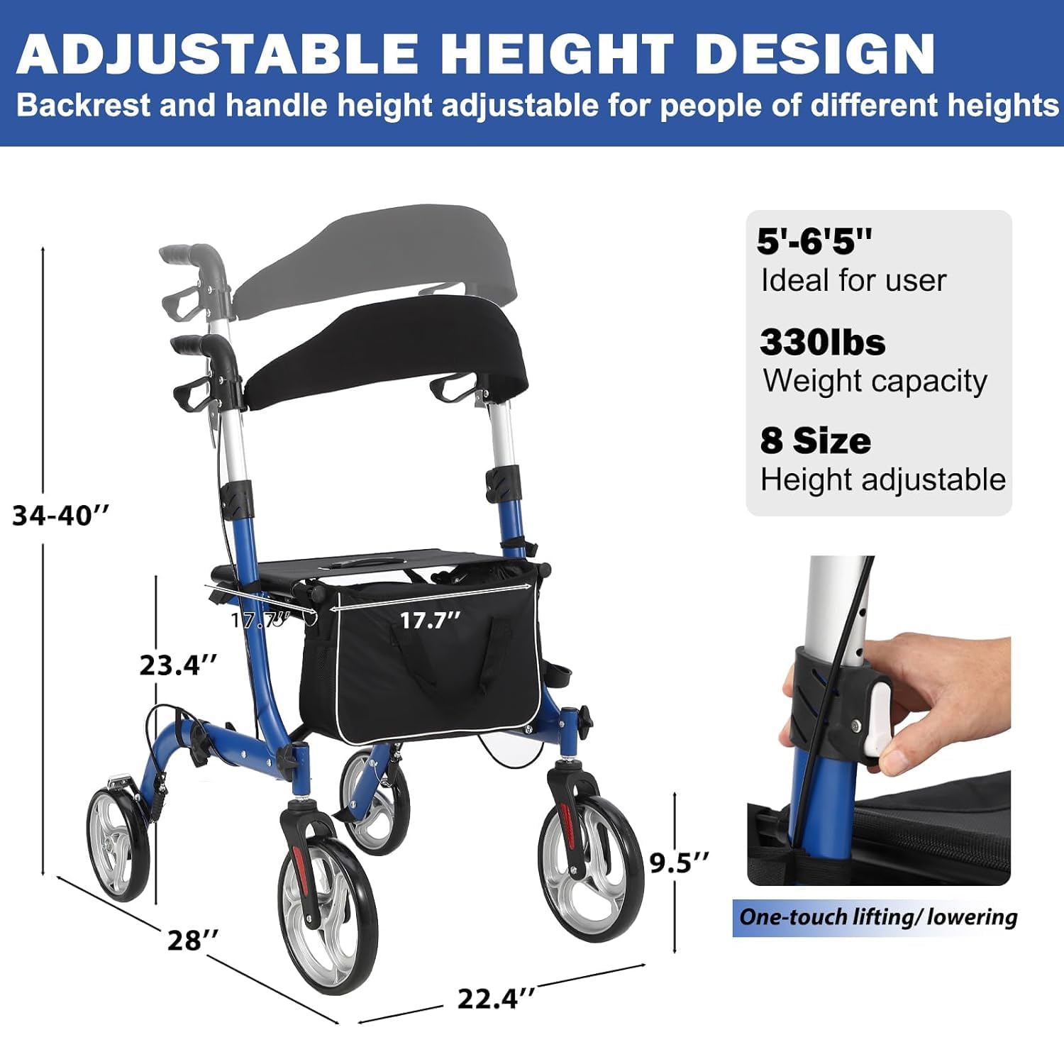 Rollator 2 in 1 per anziani - Deambulatore pieghevole leggero con freni, seduta e schienale - Ruote robuste per tutti i terreni, alluminio, capacità 150kg - Ideale per mobilità e passeggiate