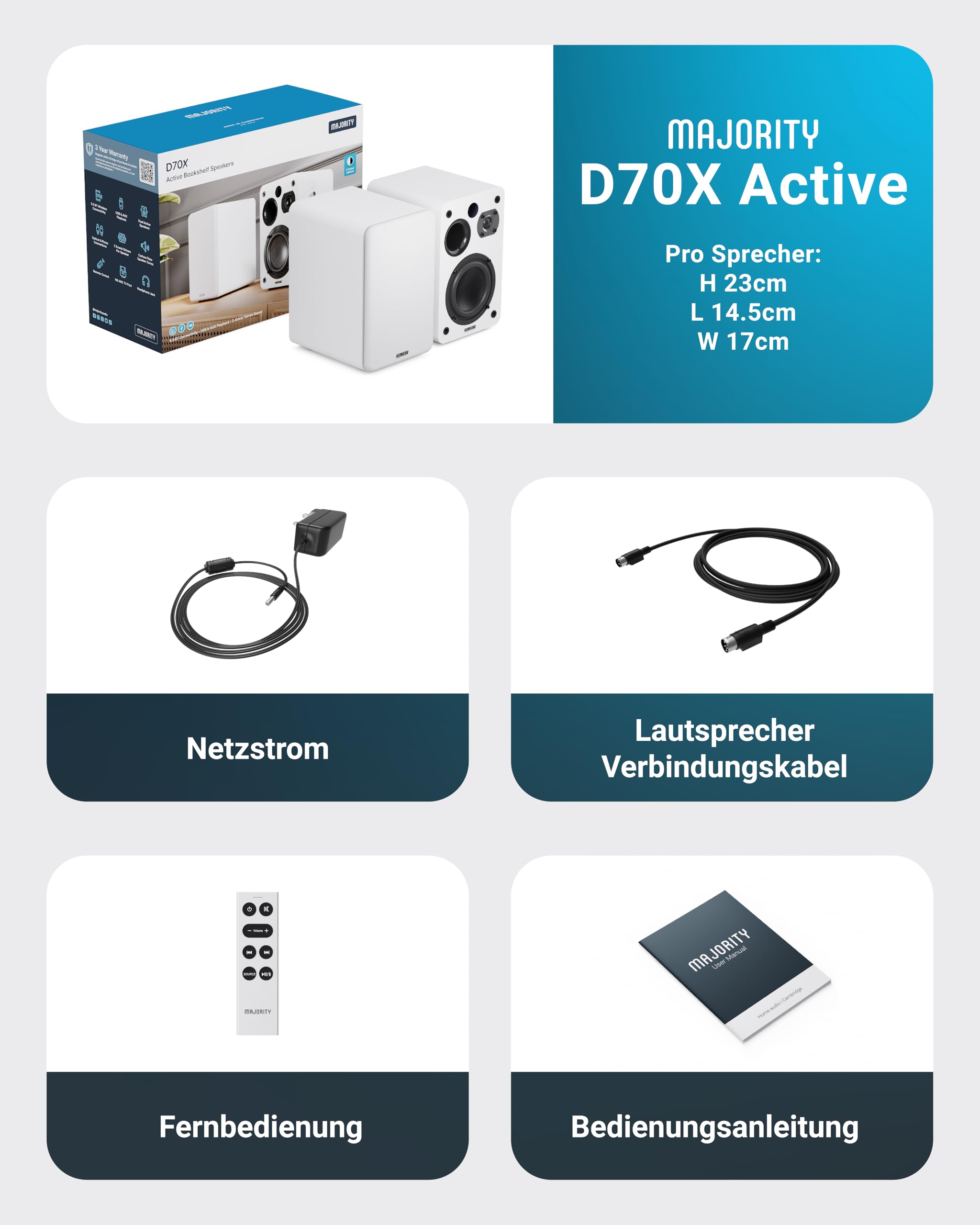MAJORITY D70X Aktivlautsprecher Bluetooth | Regallautsprecher HDMI ARC | Studio Monitor DJ Doppeltreiber Kohlefasermembranen | 70W Stereo PC Speaker | Monitor Lautsprecher mit Fernbedienung (Weiß)